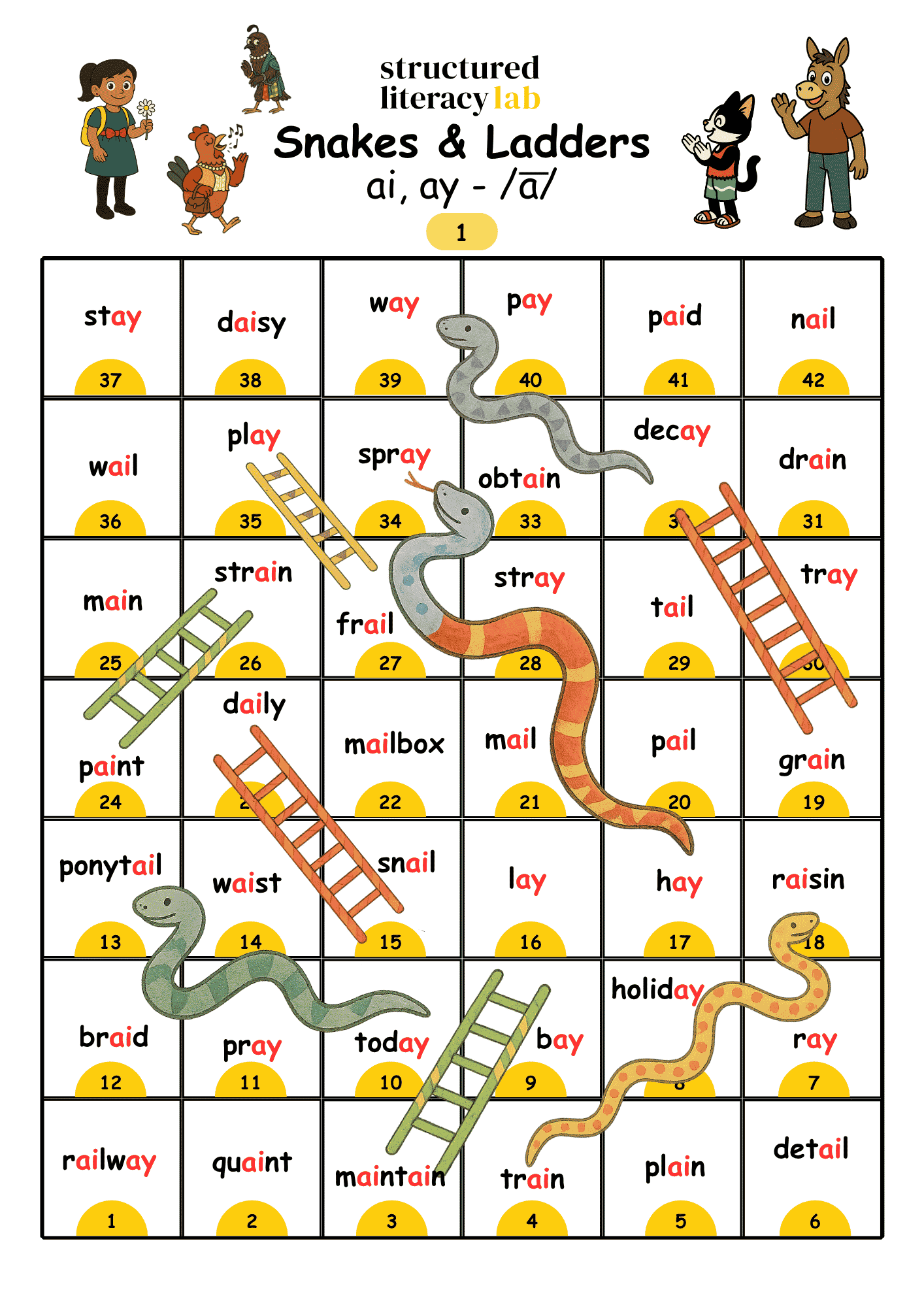 Printable ea spelling snakes and ladders game included with the book.