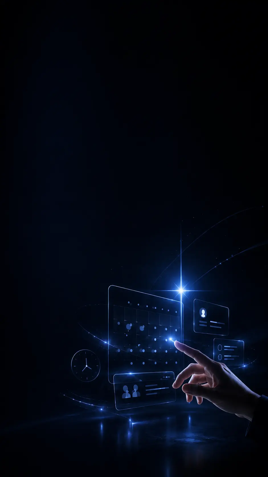 Mobile hero image for Lumis book a consultation page with a futuristic holographic calendar interface and glowing blue hand interaction