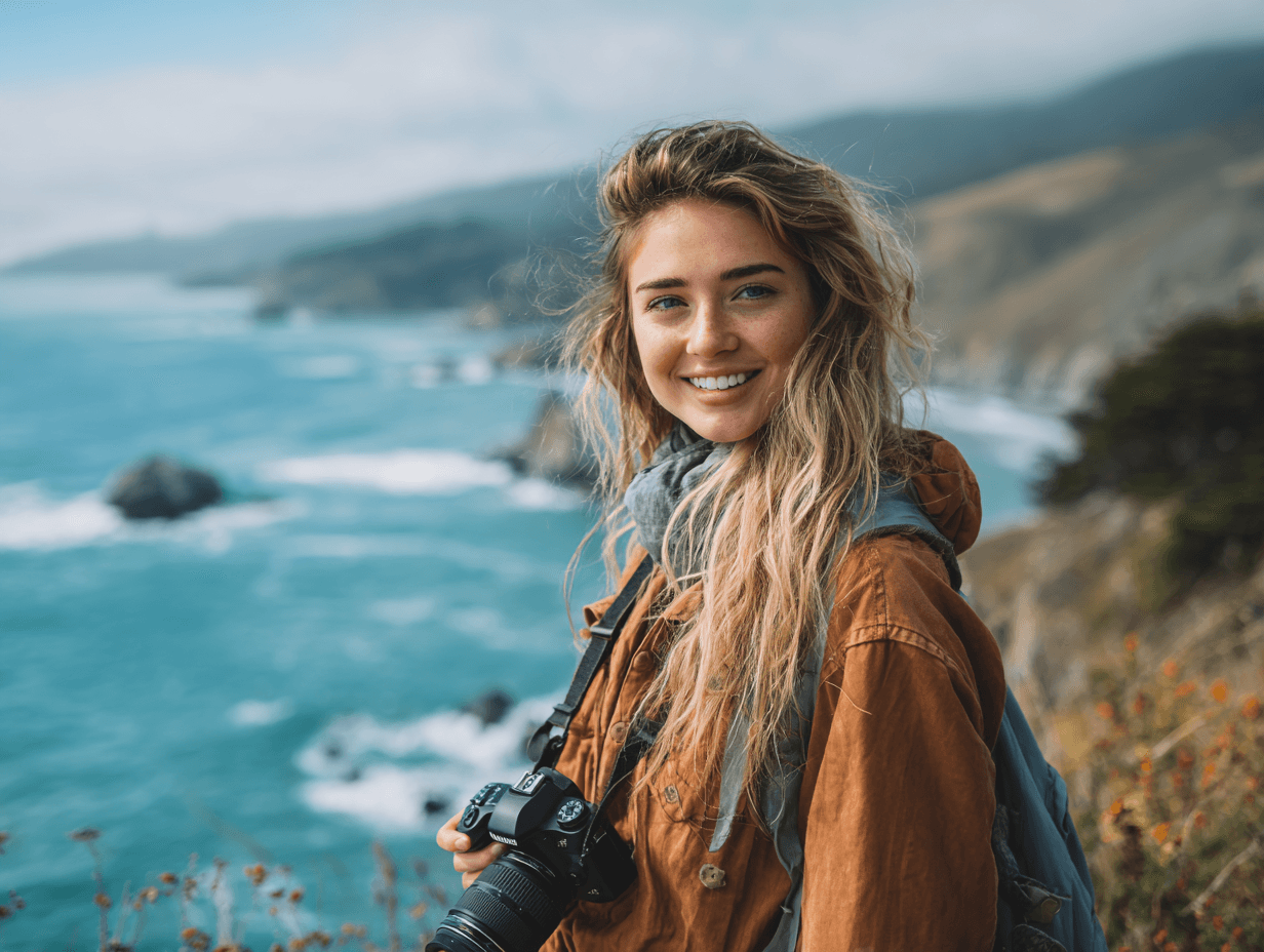 A person with a camera smiles while standing on a coastal cliff, with the ocean waves and rugged landscape in the background, capturing a picturesque moment by the sea.