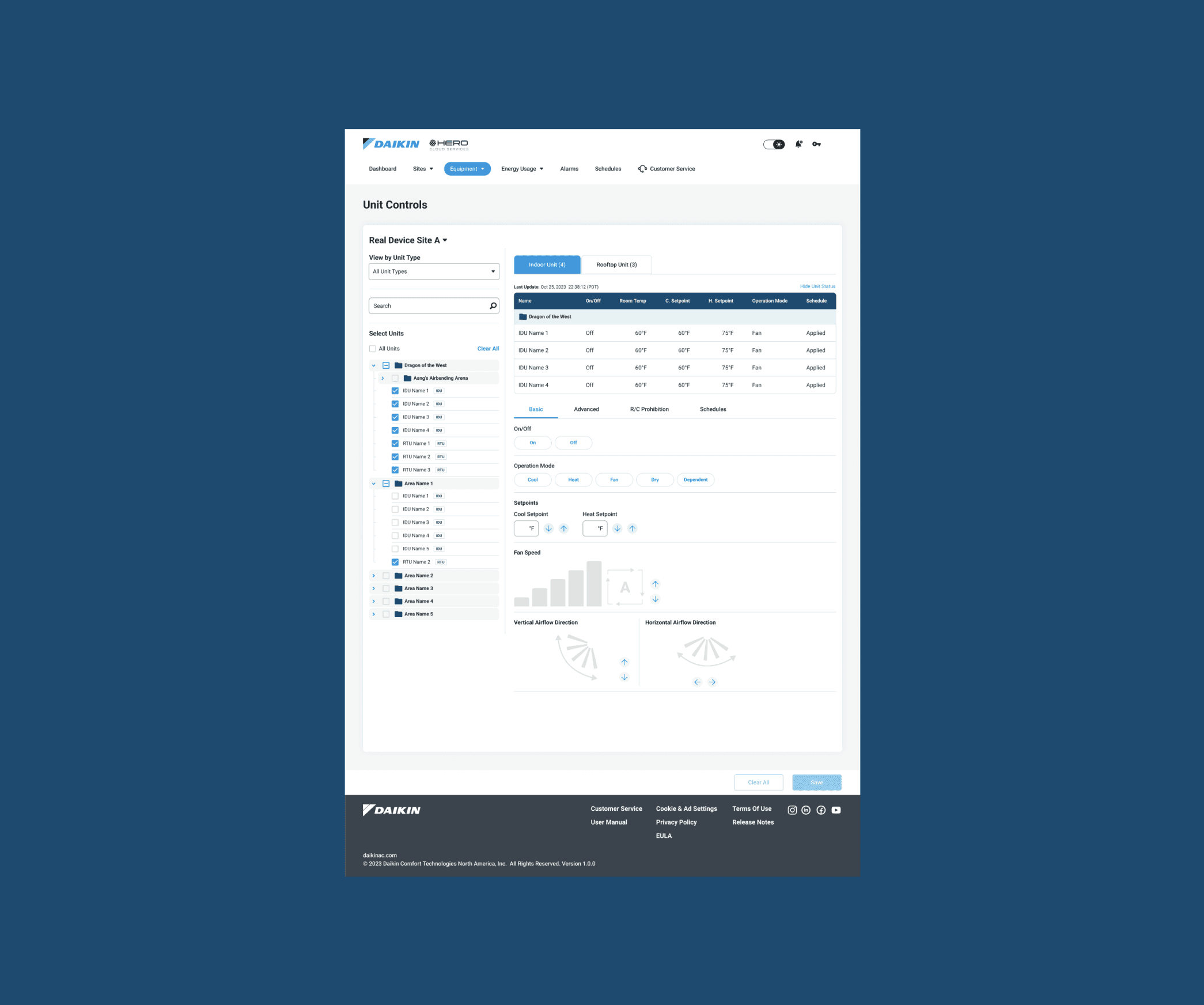 Screen of a page to control HVAC systems