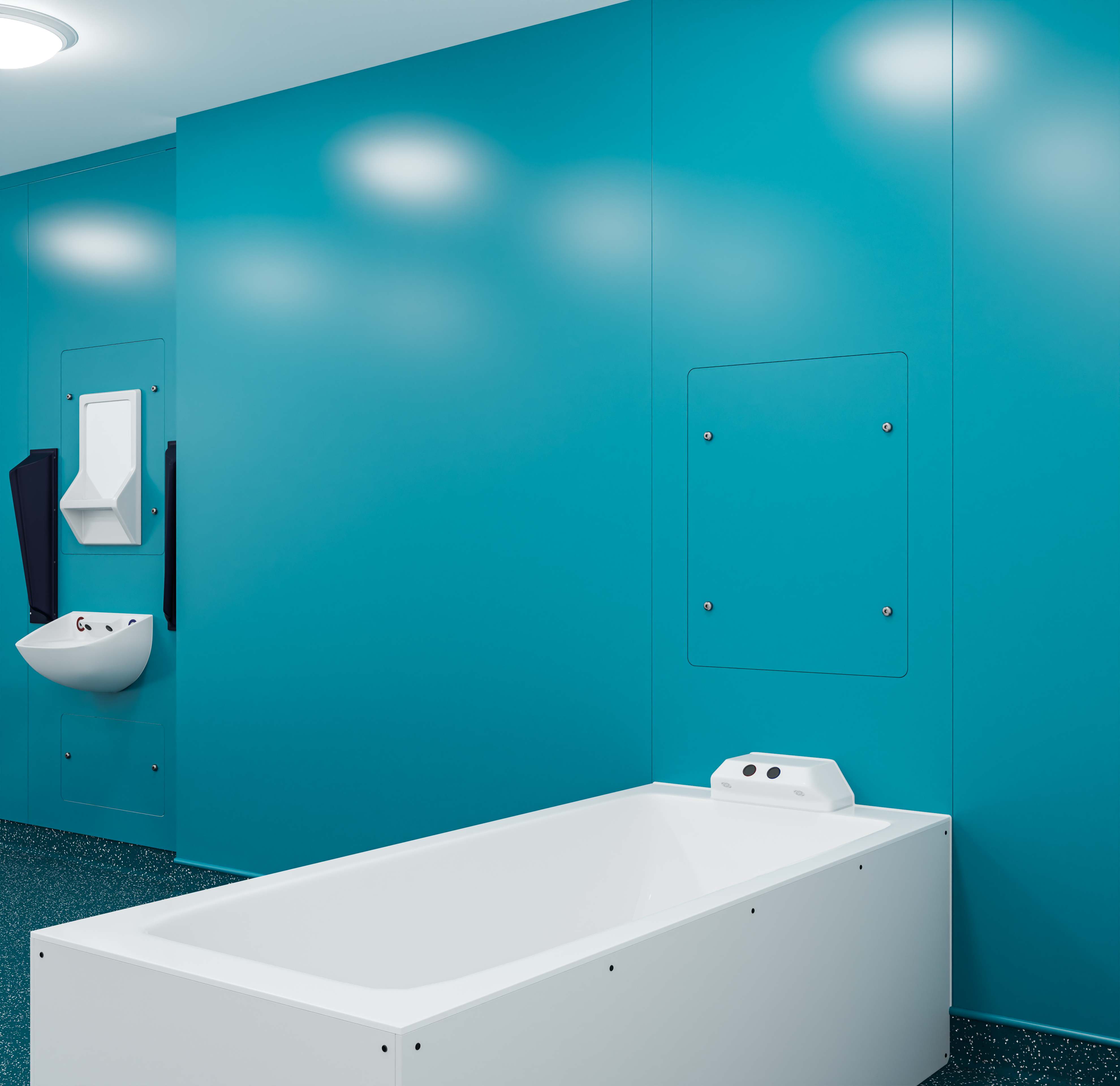 Hygipo tough integrated plumbing system bath configuration with toilet in the background