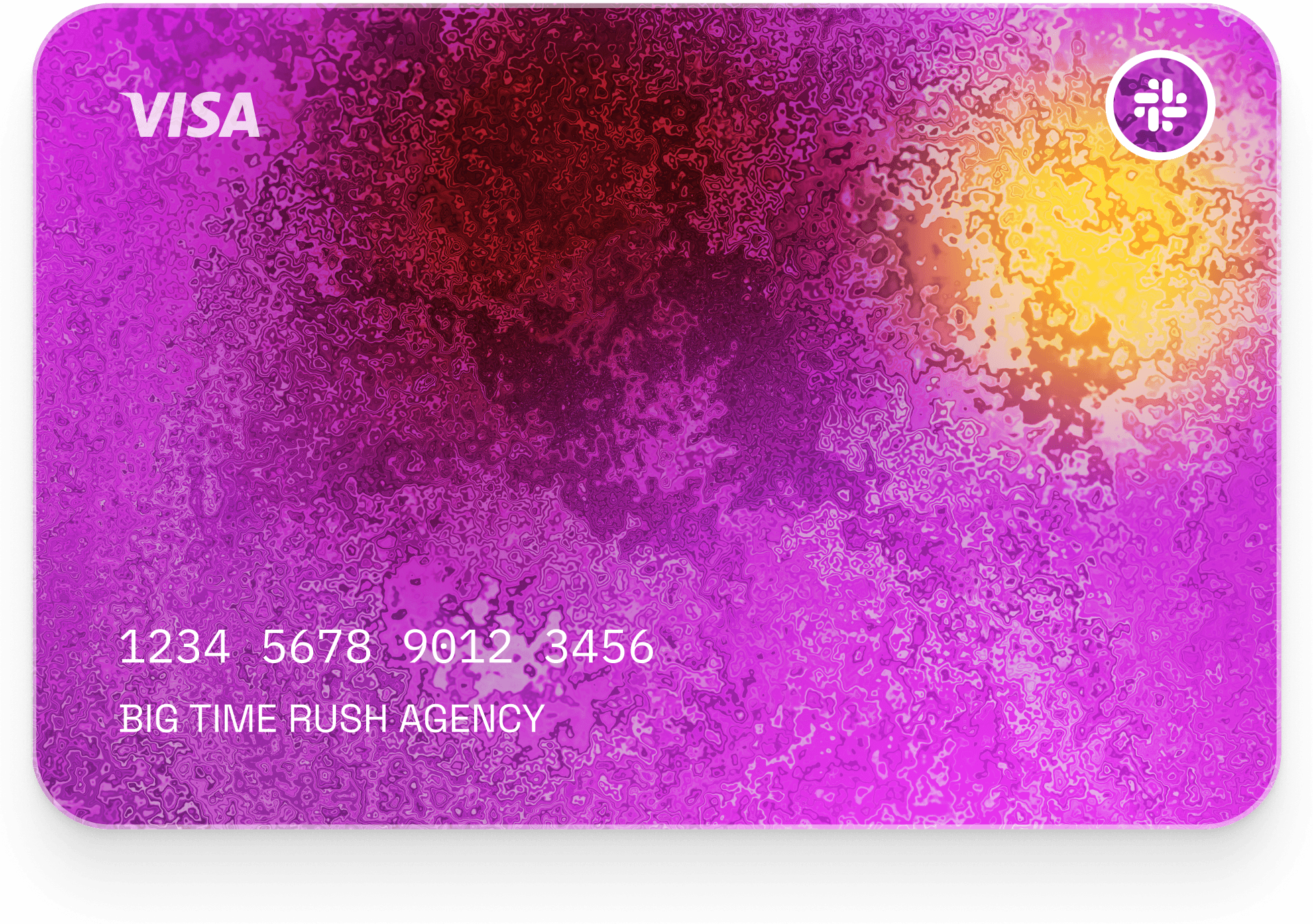 Visa card with vibrant purple and yellow gradient background, displaying sample card number and Big Time Rush Agency name.