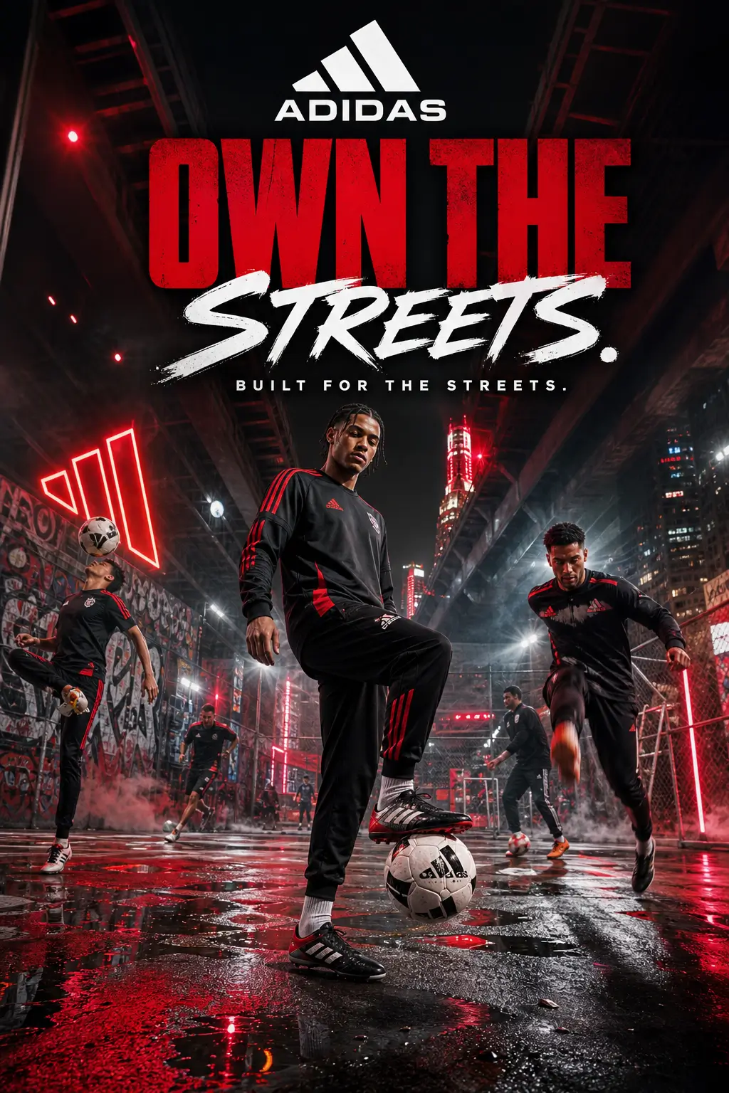 AI-generated Adidas street-sports poster with two players in an urban night setting, reflecting energy, competition, and street culture.