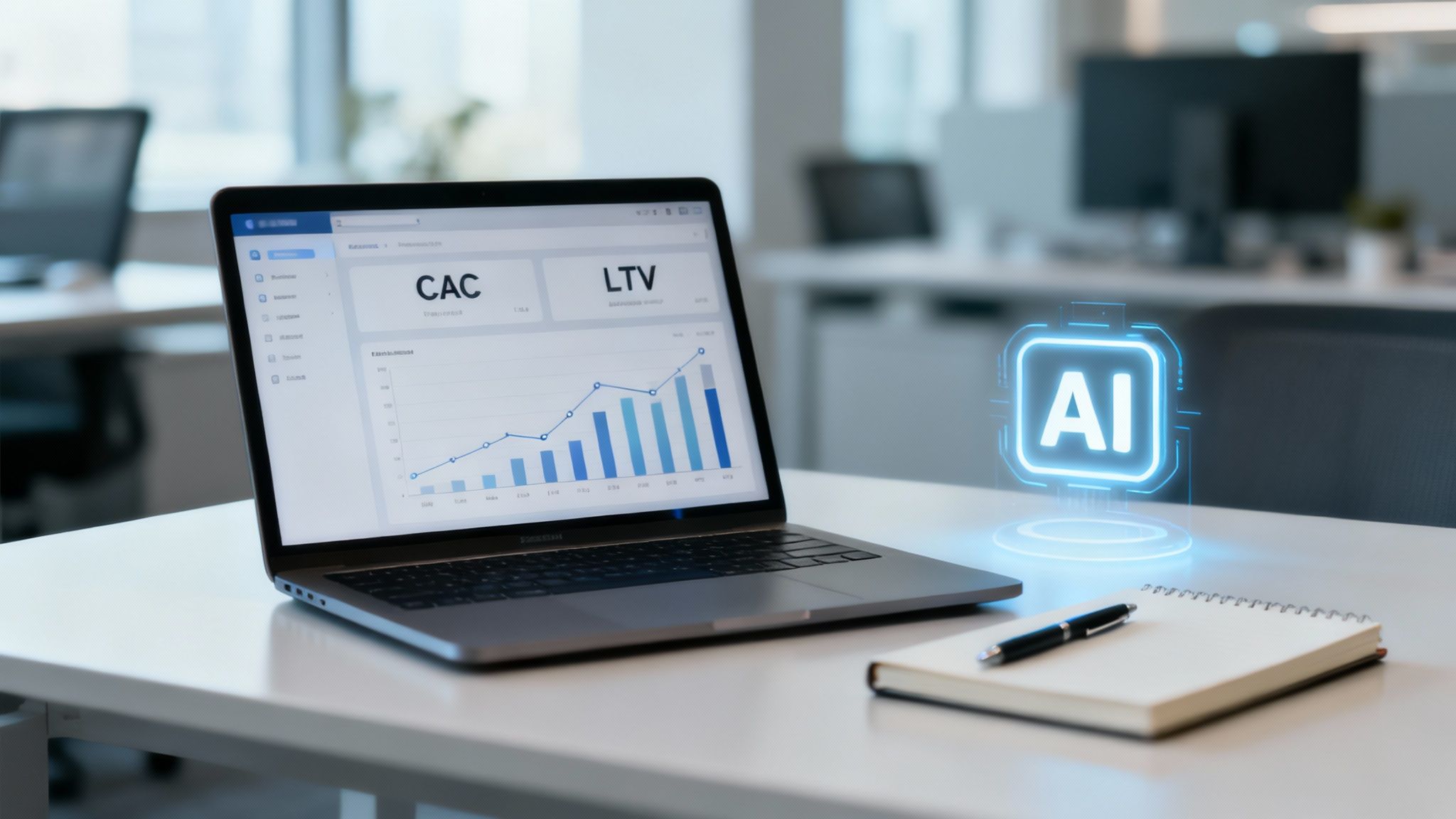 A digital illustration showing data points flowing into an AI brain, representing data-driven marketing decisions.
