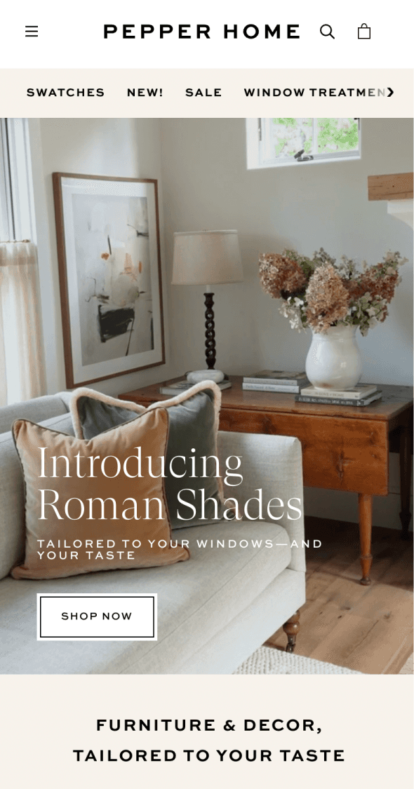 Mobile Shopify homepage for Pepper Home featuring interior styling and custom home décor