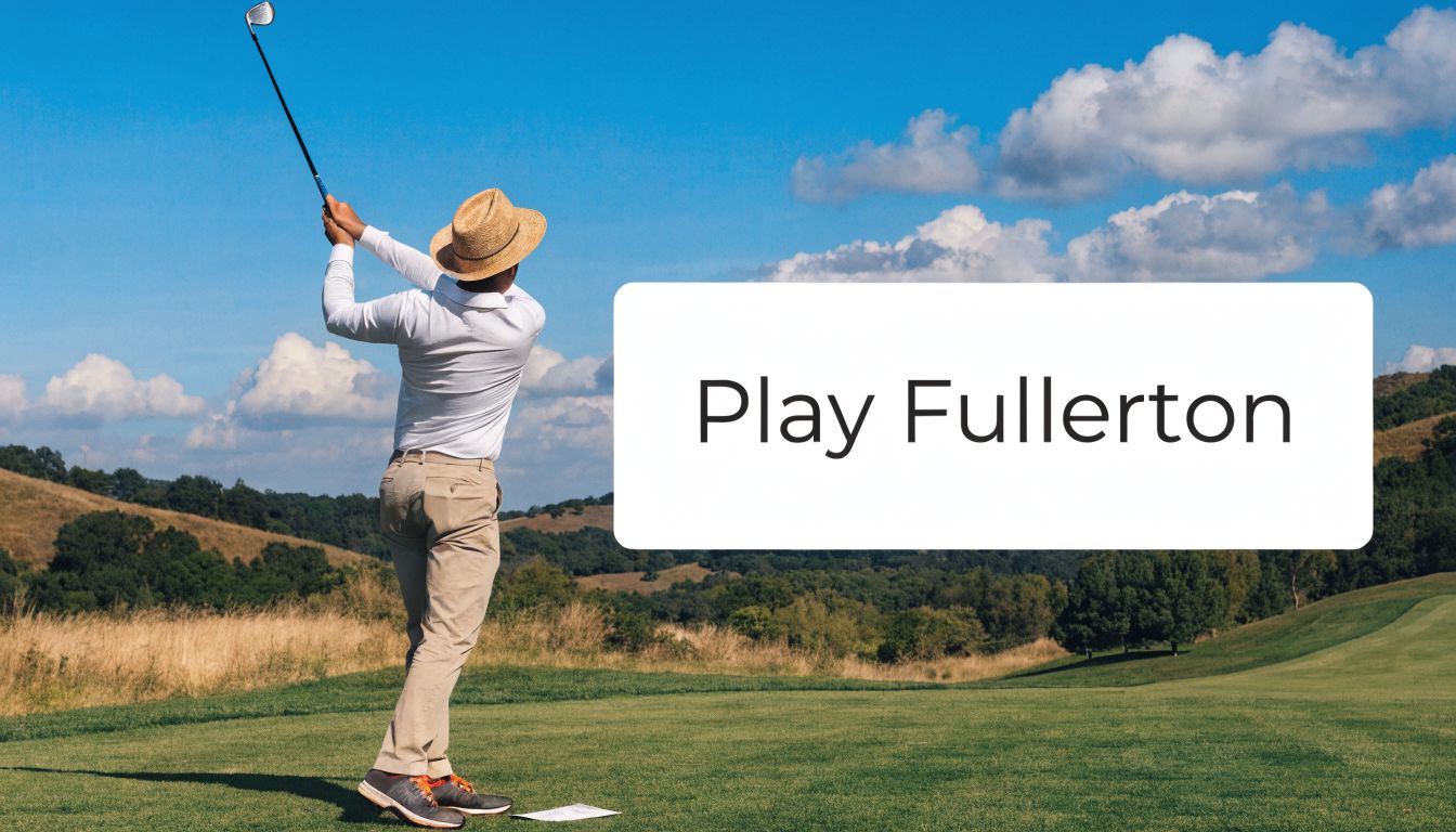 A golfer wearing a straw hat and white shirt swings a golf club on a sunny course.