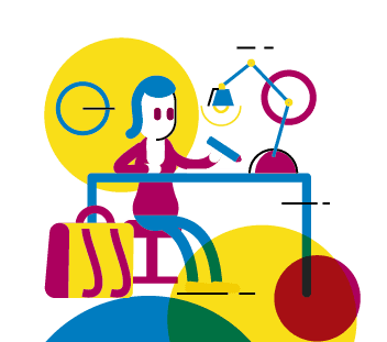 Vector illustration depiciting a stylised woman (or girl) character on a desk working, with abstract shapes around her.