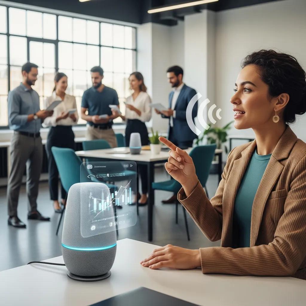 Professionals engaging with AI voice assistants in a modern office setting