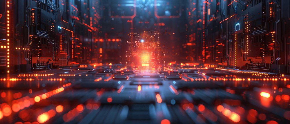 Red digital warning symbol glowing on a circuit board interface, representing active ransomware exploitation of the VMware ESXi CVE 2025 22225 vulnerability and hypervisor compromise.