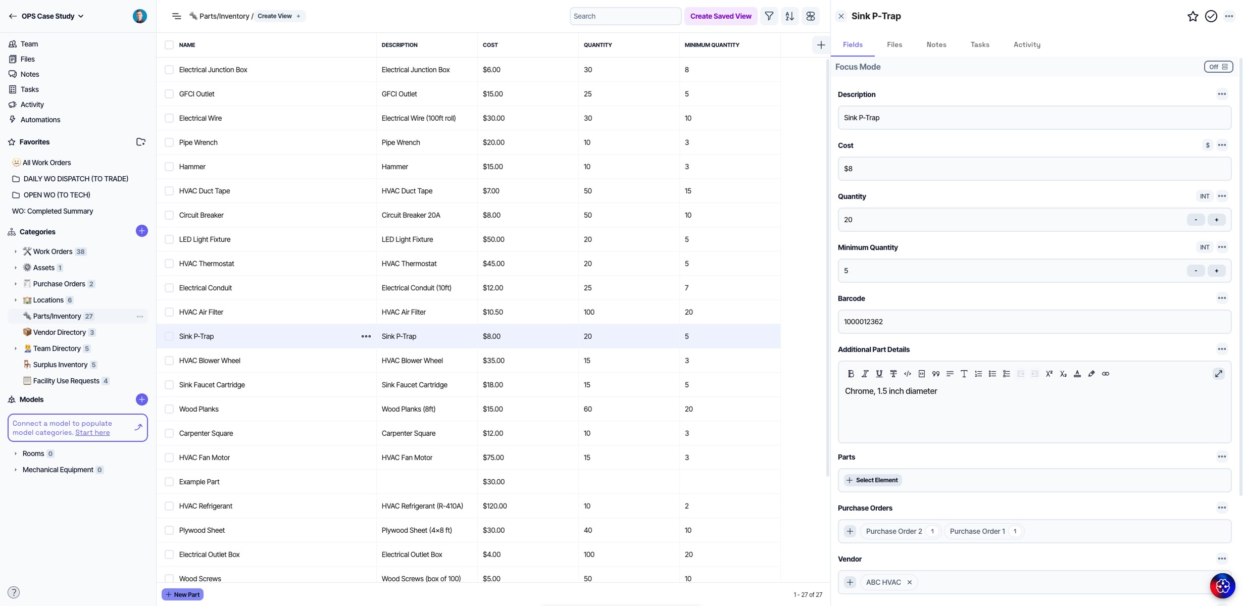 Parts Inventory List that acts as a shared database, accessed, and referenced across all 110 locations.