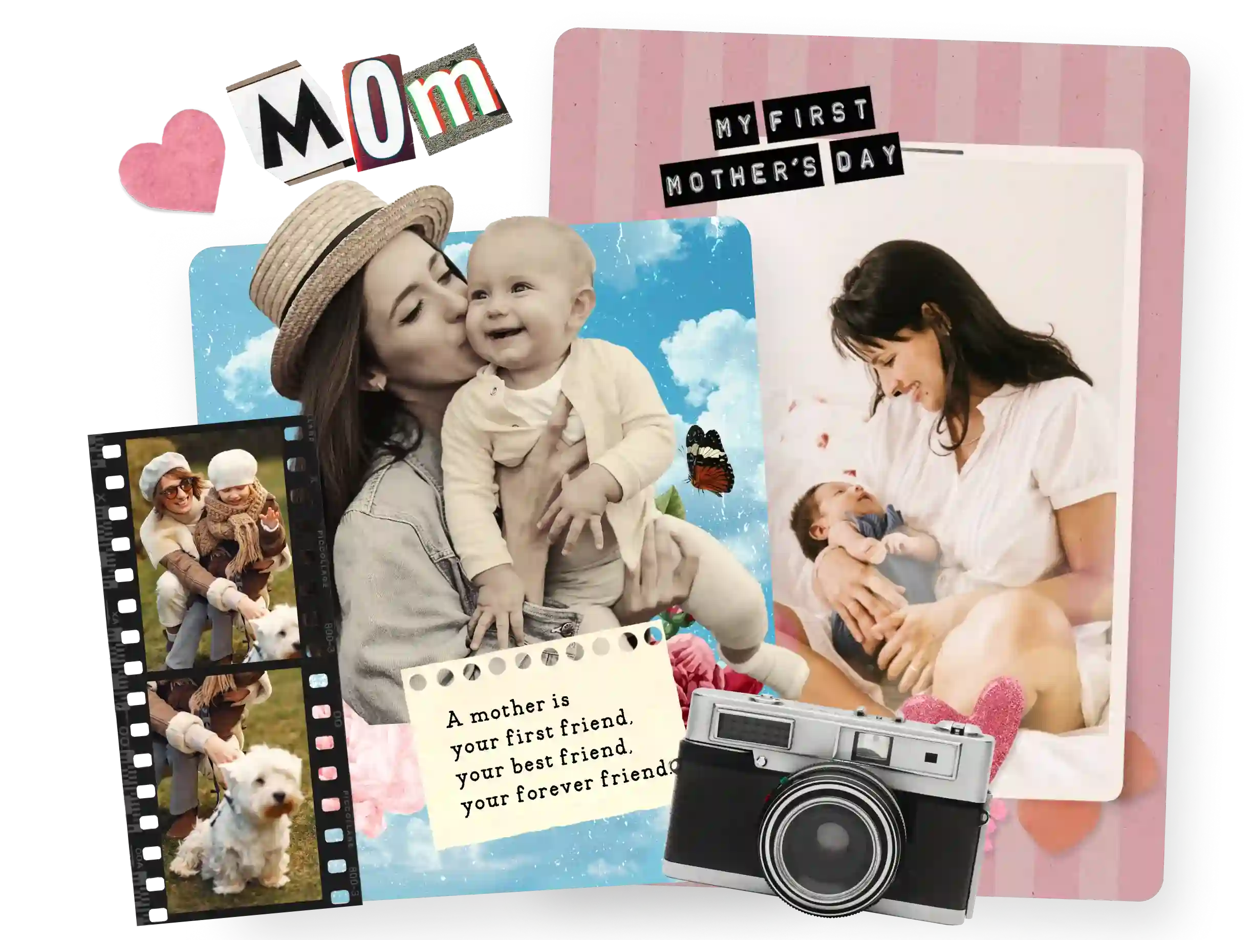 'My First Mother's Day' card with photos of moms and babies, a 'Mom' heart, and a vintage camera