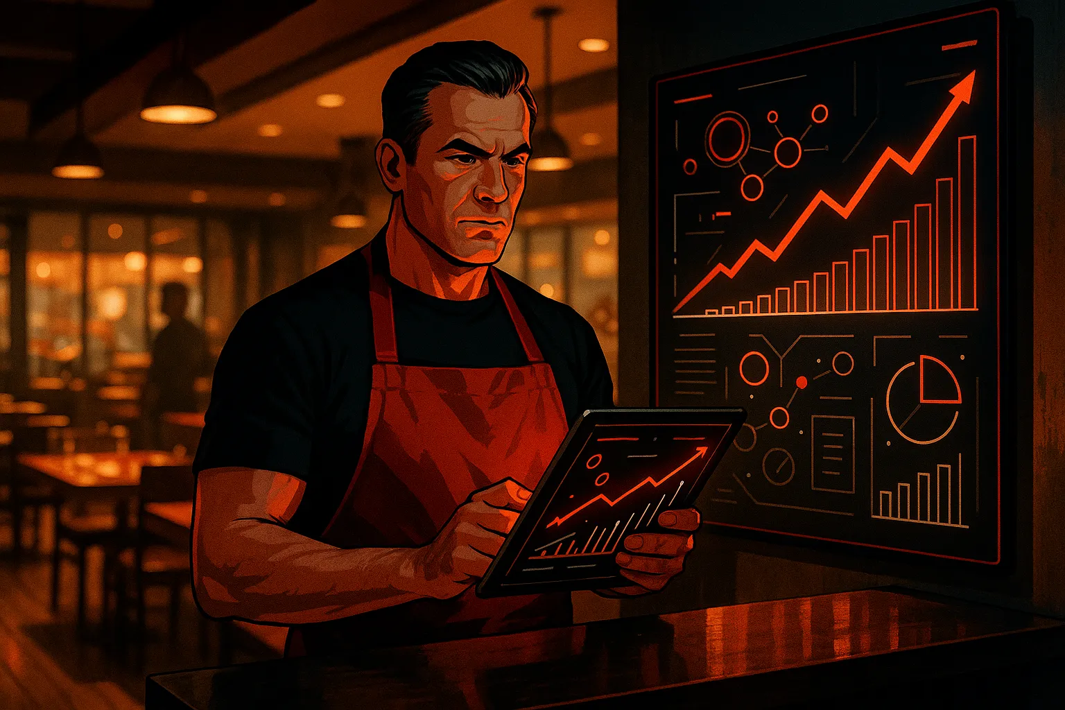 Man analyzes graphs on a tablet at RockN' Socials, a digital marketing agency.