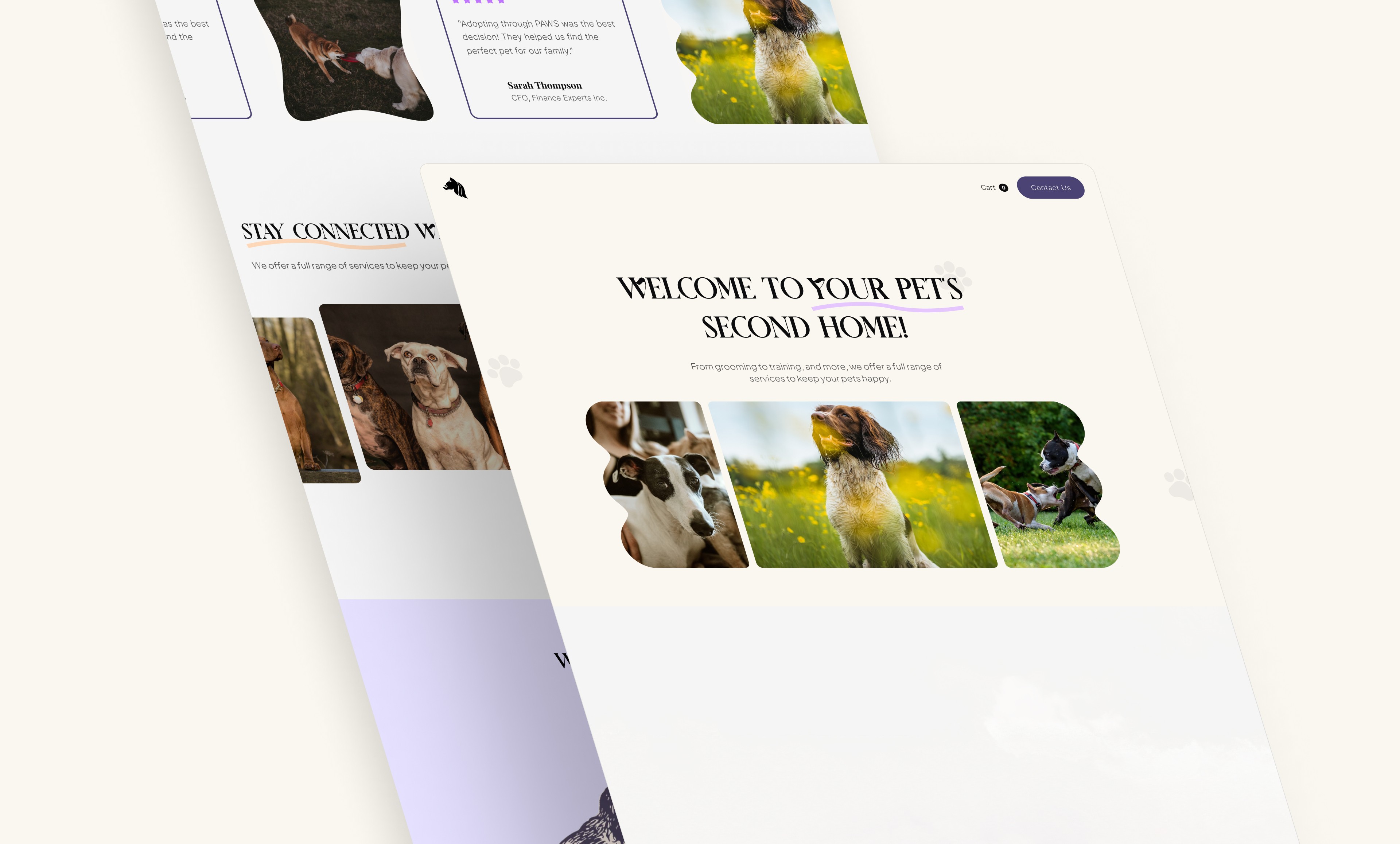 "Modern pet care website design showcasing a welcoming pet boarding and grooming service. Features stylish typography, pet images, and a user-friendly layout for a seamless experience."