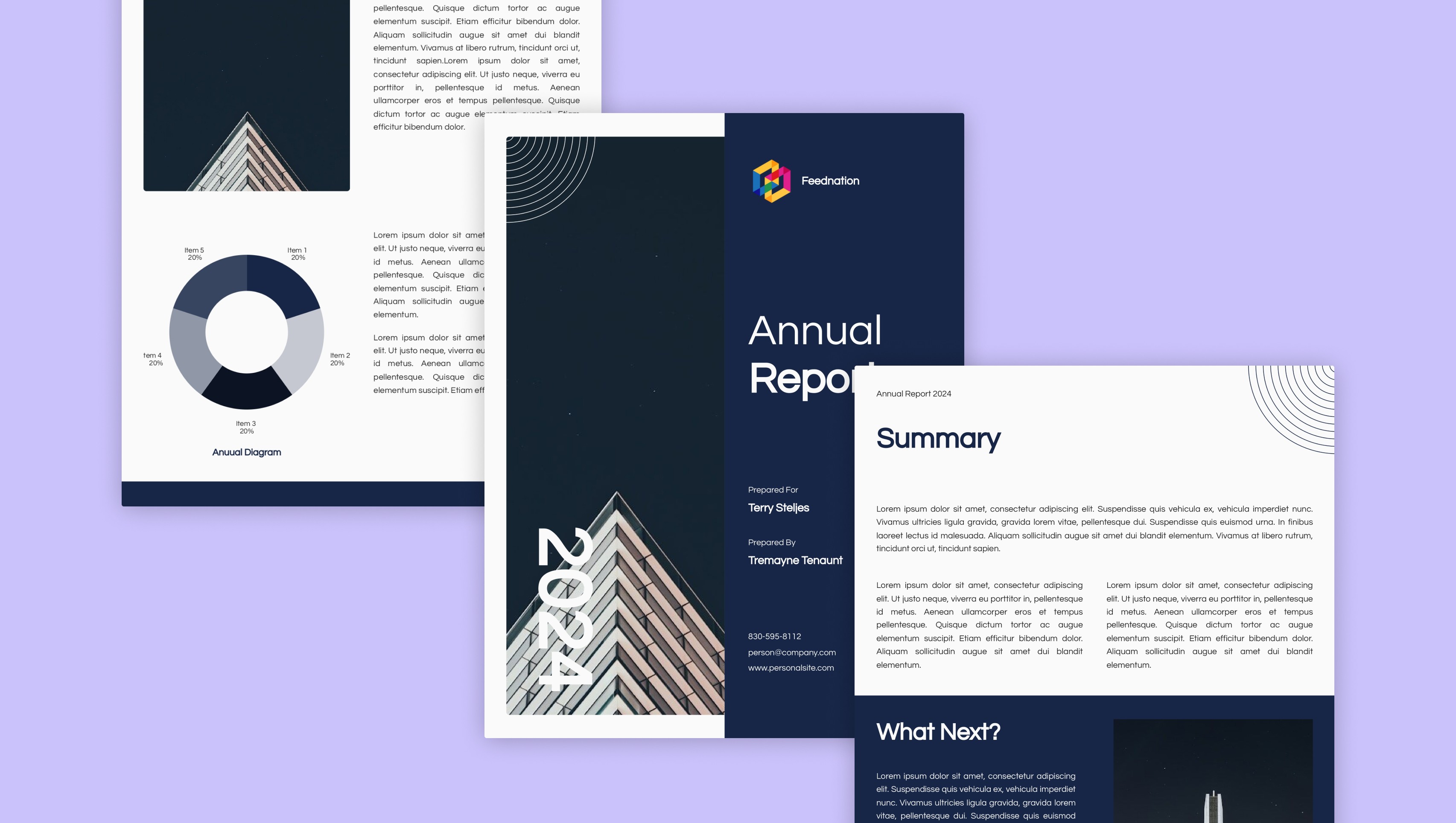 Images of a multi-page PDF designed with React for an annual report.