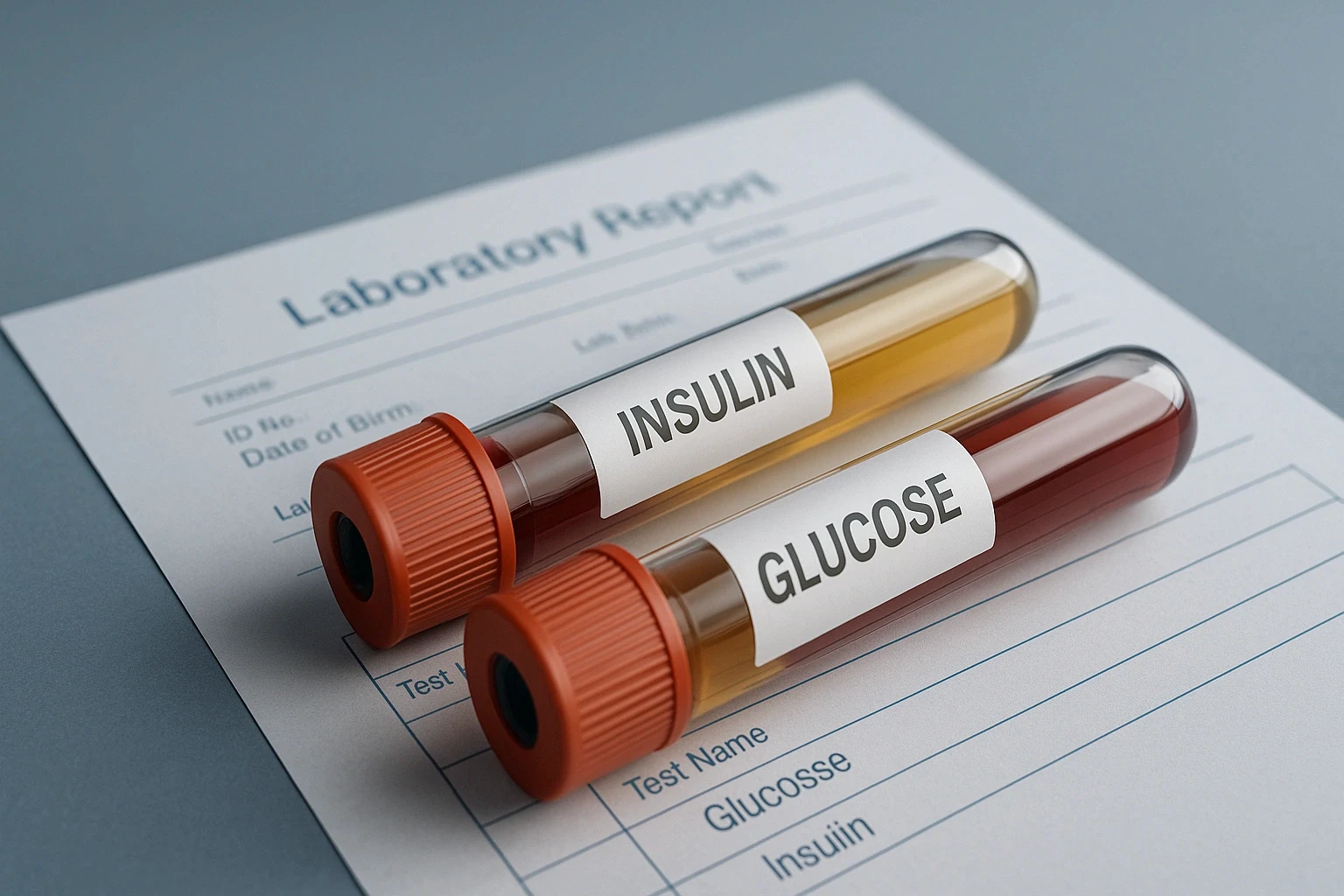 HOMA IR - Two blood sample tubes labeled insulin and glucose resting on a laboratory report