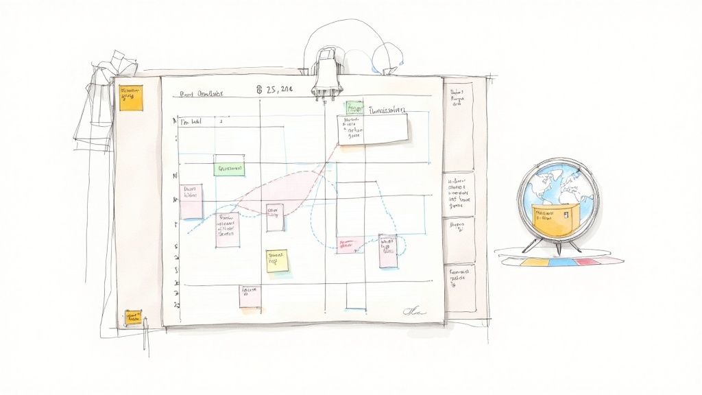 Hand-drawn planning board with color-coded task notes and calendar organizing executive assistant responsibilities