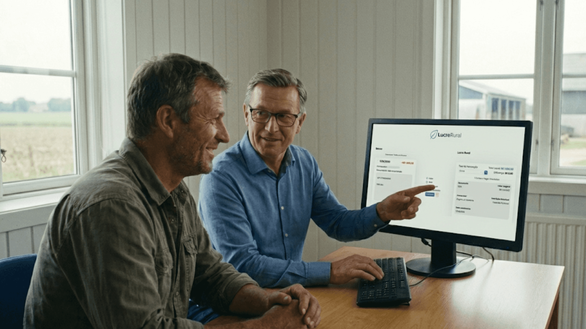 Dois homens sentados à mesa em um escritório rural, um produtor e um contador, analisando juntos informações financeiras em um computador com a plataforma da Lucro Rural aberta na tela, com janelas ao fundo mostrando a área da fazenda.