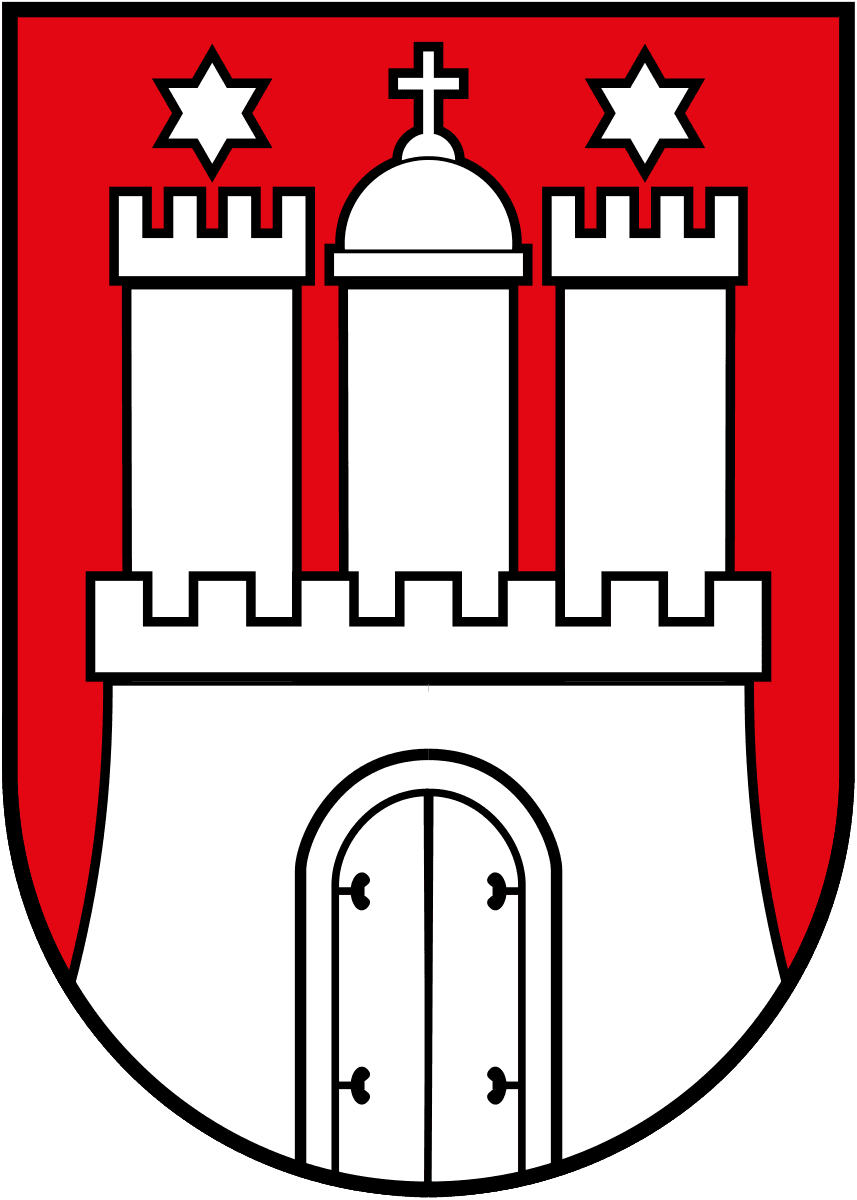 Wappen des Bundeslandes Hamburg: Weiße Burg mit drei Türmen auf rotem Schild.