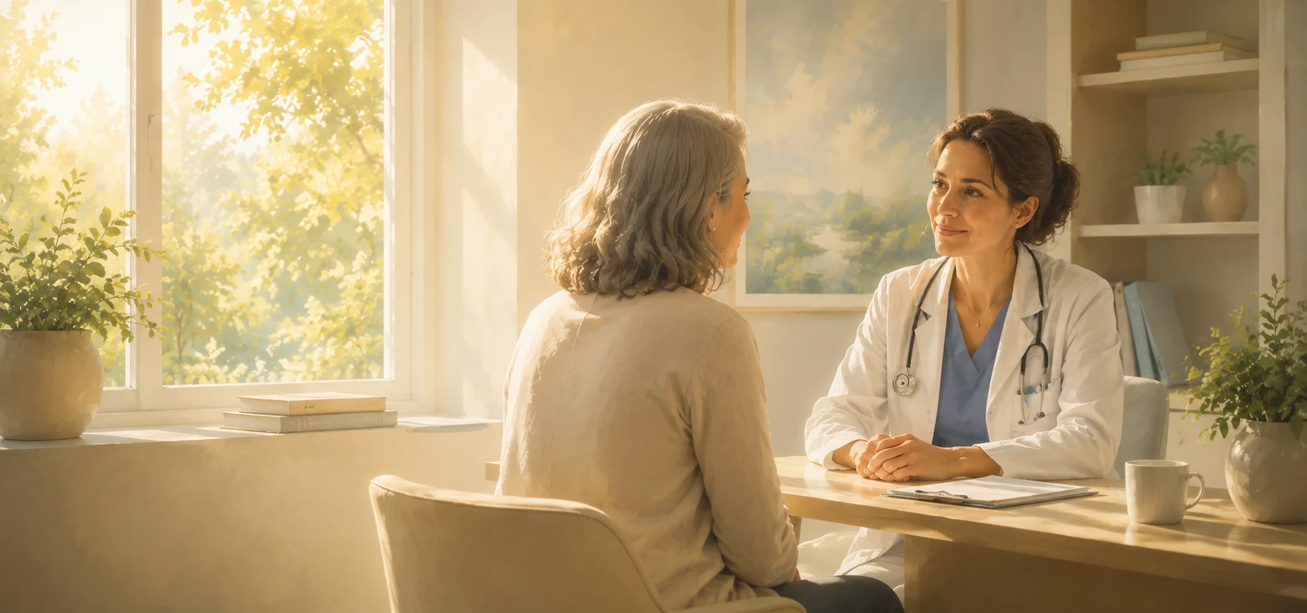 Clinician listening to a patient in a bright consulting room