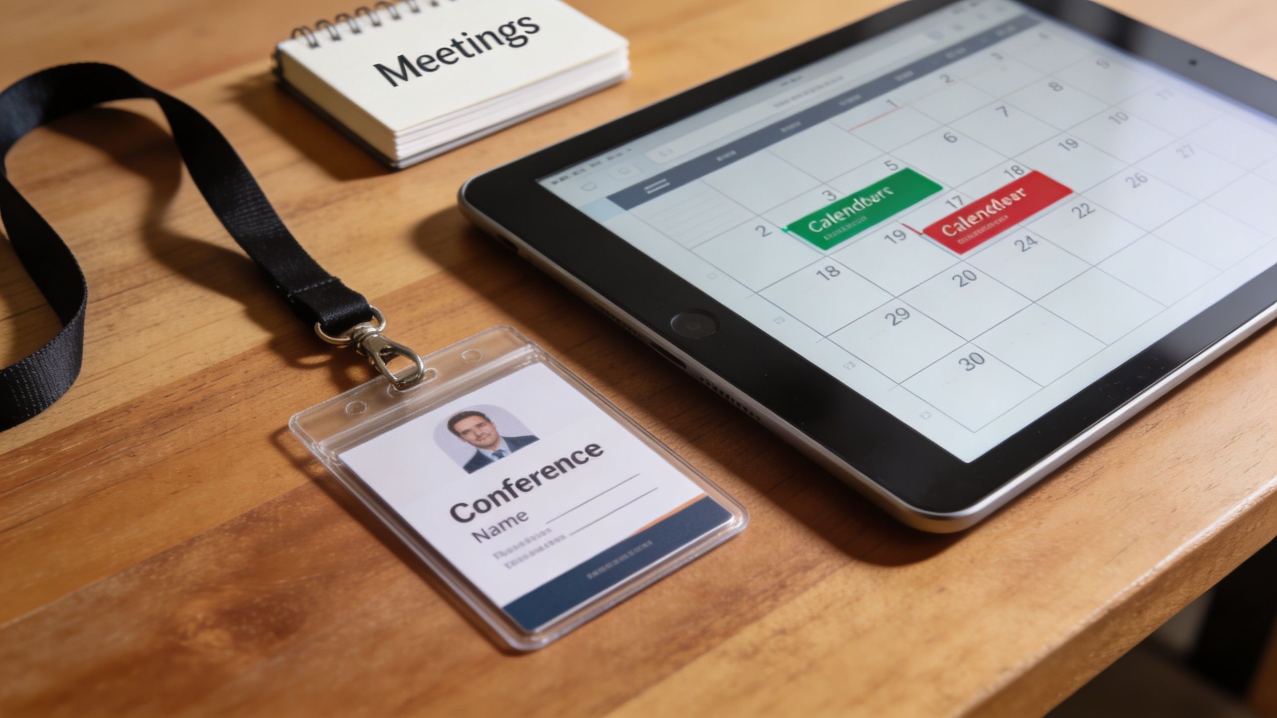 A tablet showing a calendar, a badge, and a notebook on a wooden desk for business planning.