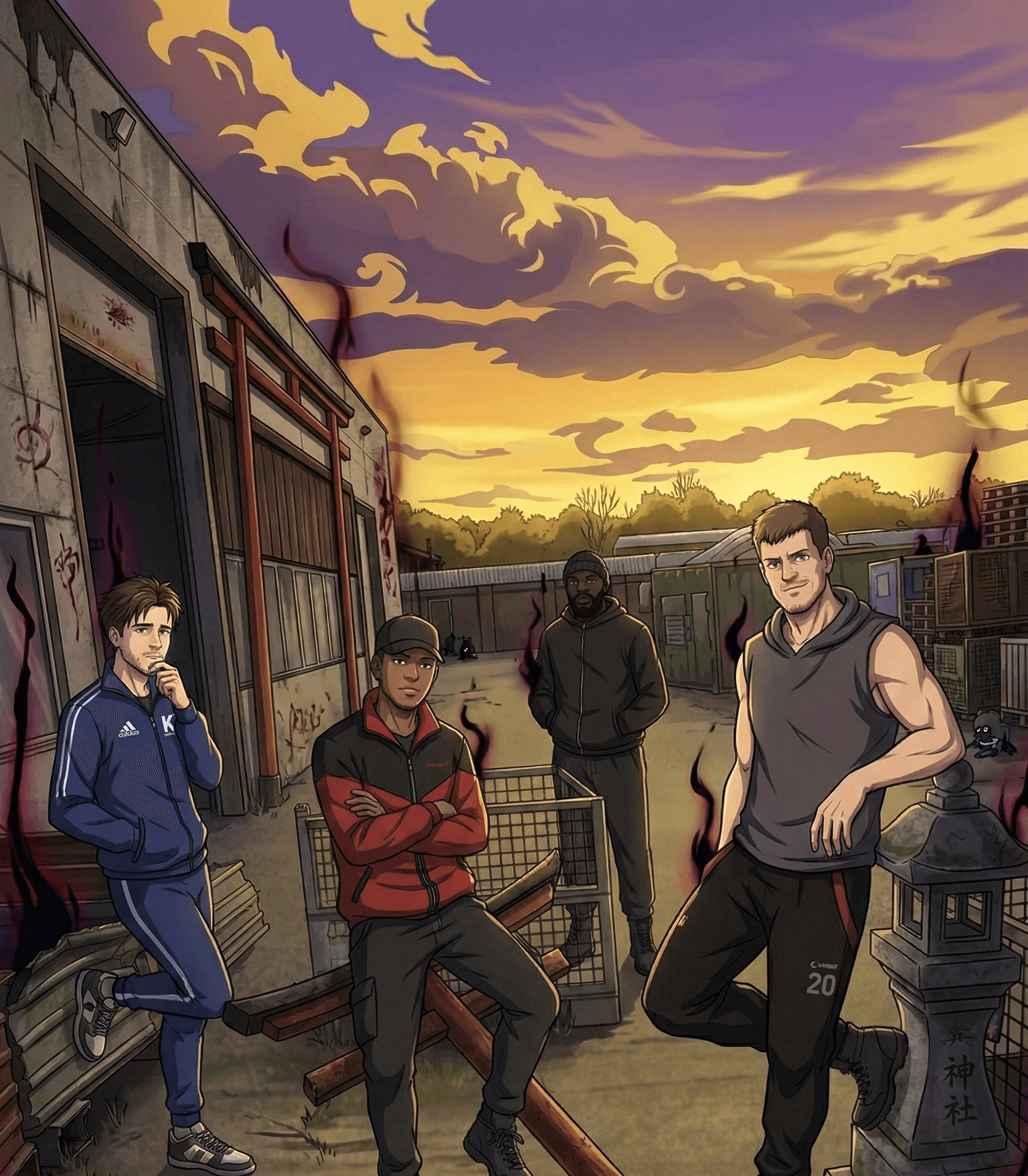 Anime-Stil Illustration von vier Männern in urbaner Kleidung in einer verlassenen Umgebung mit zerstörten japanischen Torii-Toren und dunkler Aura.