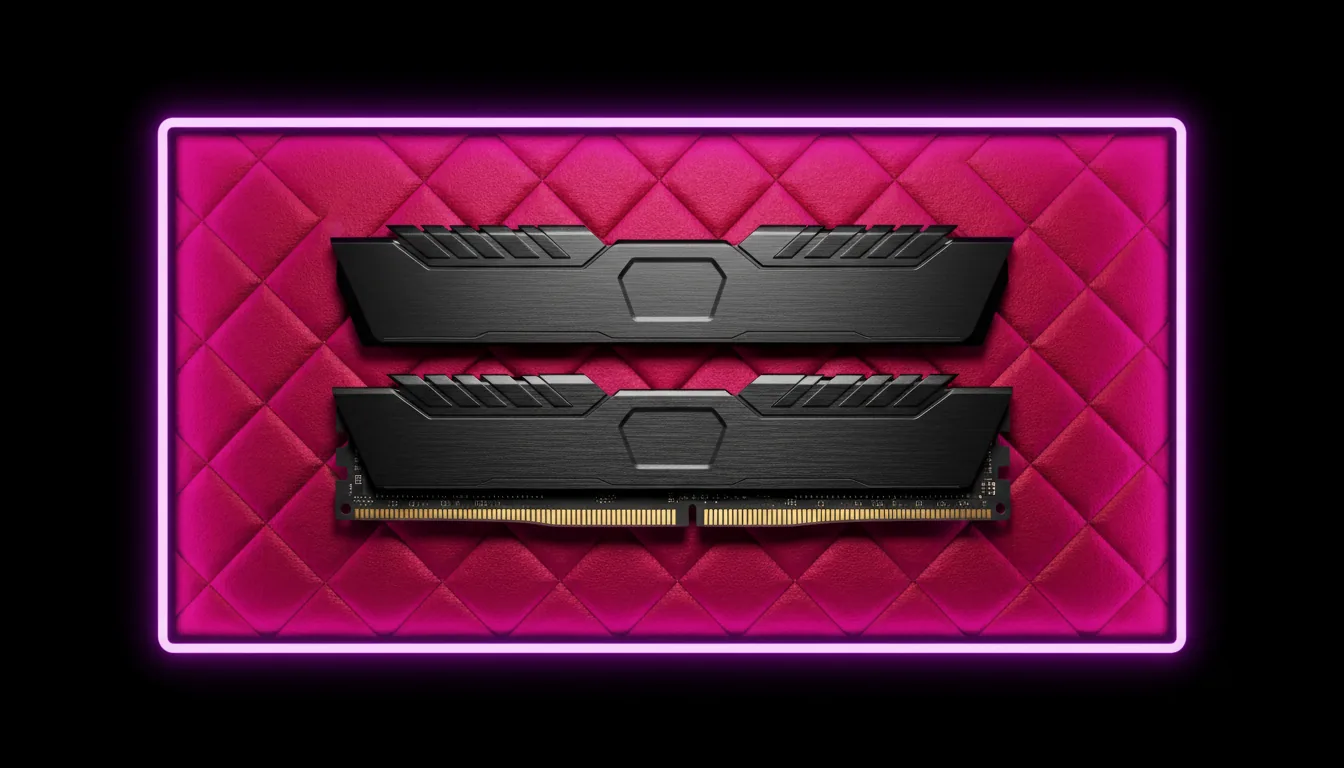 DSLR commercial product photography of two high-performance DDR5 RAM modules, perfectly centered and arranged horizontally. The modules feature angular, brushed black aluminum heat spreaders and highly detailed gold-plated connectors. The scene is illuminated by soft studio lighting, creating a sharp focus on the metallic textures. They are set against a vibrant, glowing magenta background with a metallic, quilted diamond pattern. A thin, glowing purple neon border frames the central composition against a solid black outer background.