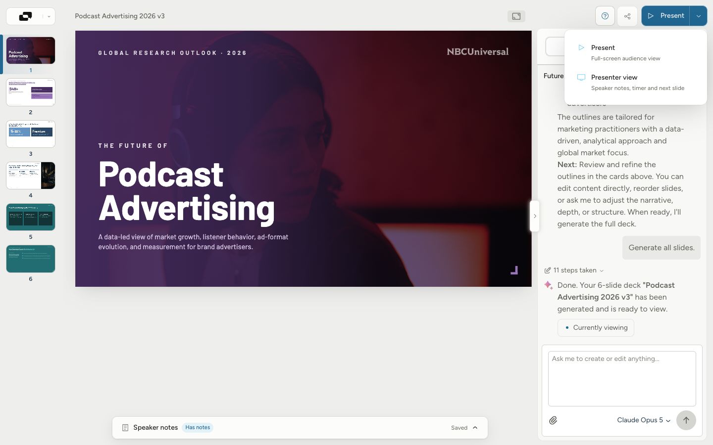 Alai editor with speaker notes and the menu for opening Presenter view
