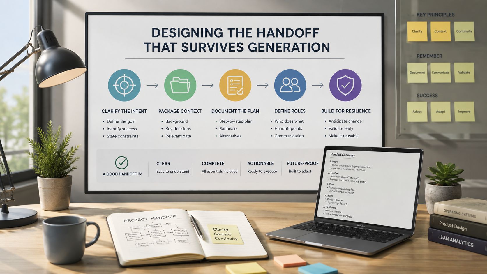 A professional desk setup featuring a digital display illustrating steps for an effective design project handoff process.