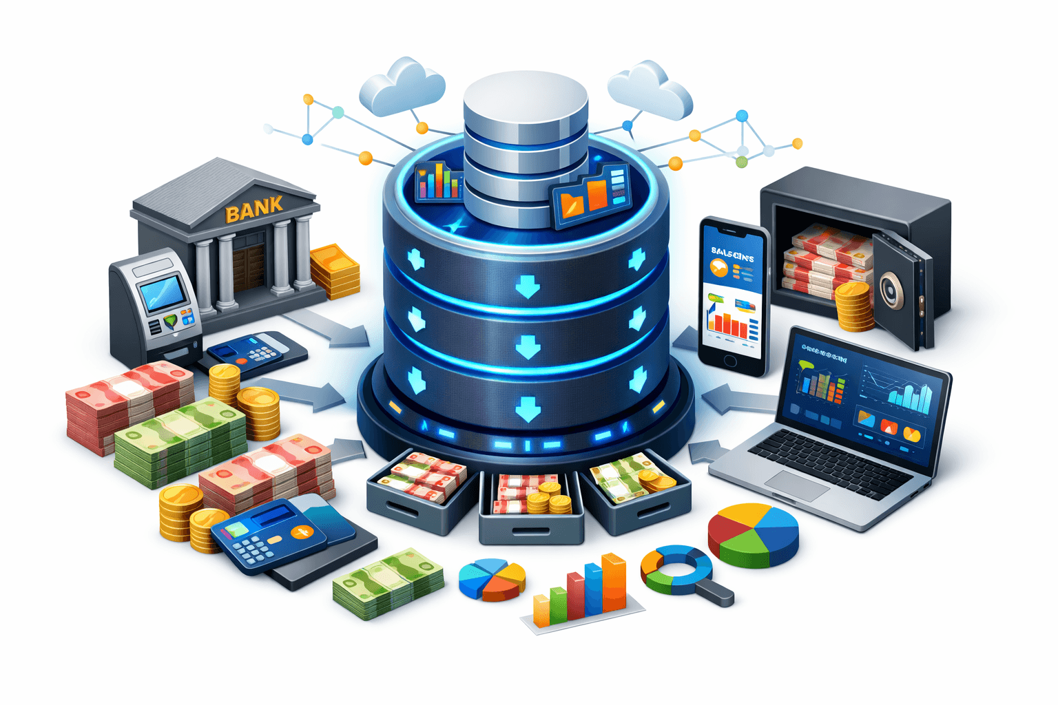 Ilustrasi centralized financial data hub & omnichannel analytics. Di tengah terdapat database silinder berlapis dengan panah biru mengarah ke bawah, menandakan konsolidasi dan sinkronisasi data. Database ini terhubung ke berbagai kanal: gedung BANK, ATM/EDC, kartu pembayaran, brankas uang, smartphone, dan laptop dengan dashboard analitik.  Di sekelilingnya tampak uang tunai dan koin, grafik batang, pie chart, dan line chart, serta ikon cloud yang menggambarkan pemrosesan dan analitik berbasis cloud. Panah dua arah menunjukkan aliran data real‑time dari sumber transaksi ke pusat analitik. Visual merepresentasikan integrasi sistem perbankan, pembayaran, penyimpanan dana, dan pelaporan dalam satu platform terpusat yang mendukung monitoring, analisis kinerja, dan pengambilan keputusan berbasis data.