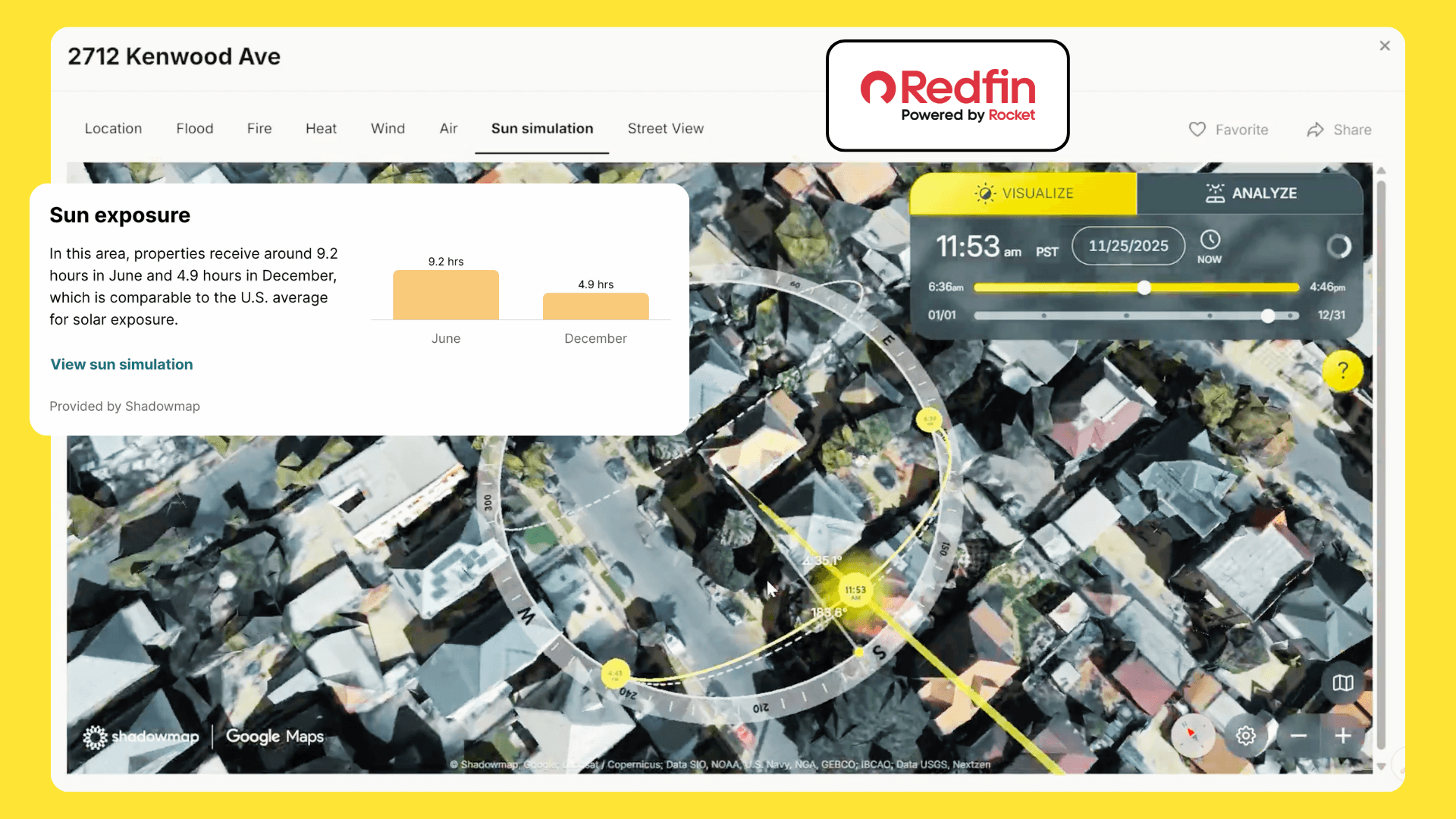 Redfin Shadowmap sunlight sunpath over my house real estate property