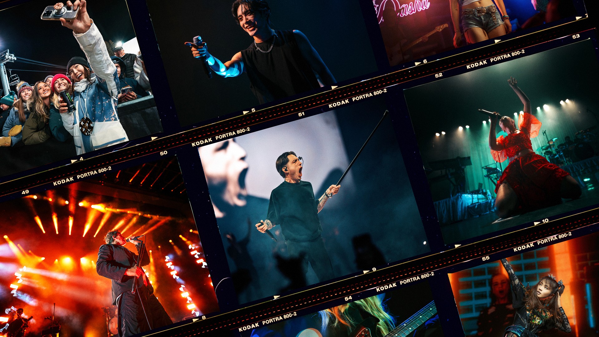 A dynamic collage of concert photos captures vibrant live performances and enthusiastic crowds, showcasing musicians passionately playing instruments and singing on stage, enhanced by dramatic lighting and dynamic angles, perfect for capturing the essence of live music events and entertainment.