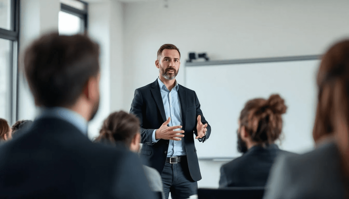 Un formateur professionnel d'adultes anime une session de formation, entouré de participants attentifs. Cette formation vise à développer des compétences spécifiques et à accompagner les apprenants dans leur parcours de professionnalisation.