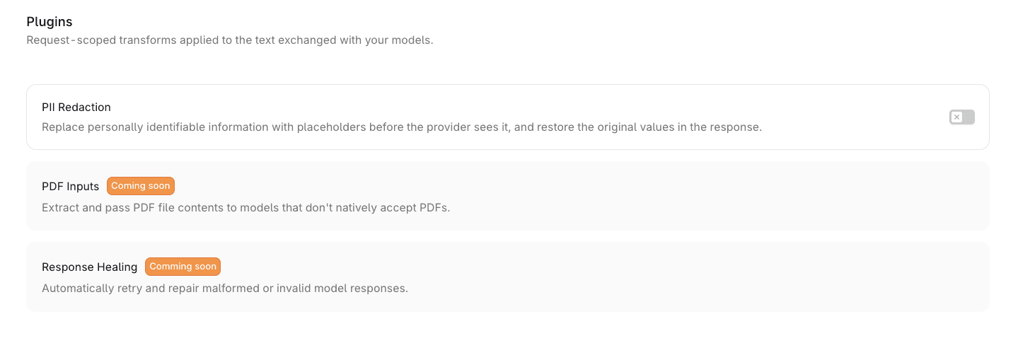 The Plugins page in workspace settings, showing the PII Redaction card with its enable toggle.