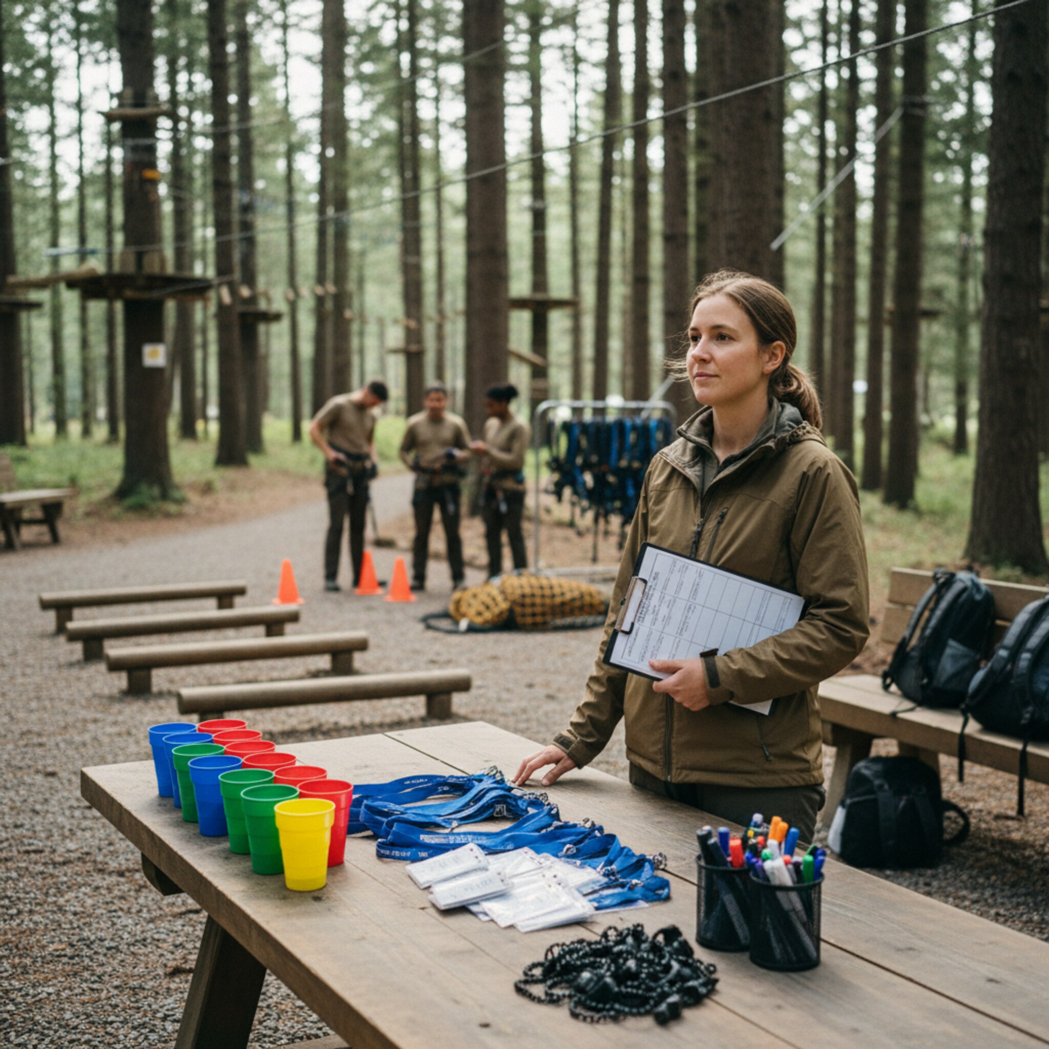 Ein Trainer hält eine Mappe mit Ablaufplan auf einem Holztisch, daneben stehen farbige Becher und Namensschilder für eine große Gruppe. Im Hintergrund wird ein Bereich für Teamspiele aufgebaut. Die Stimmung ist organisiert und erwartungsvoll.