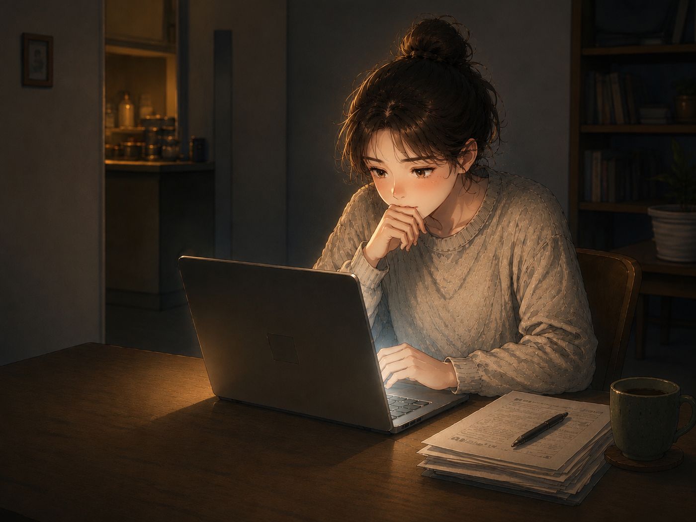 늦은 밤, 서류를 곁에 두고 노트북 앞에 앉은 사람