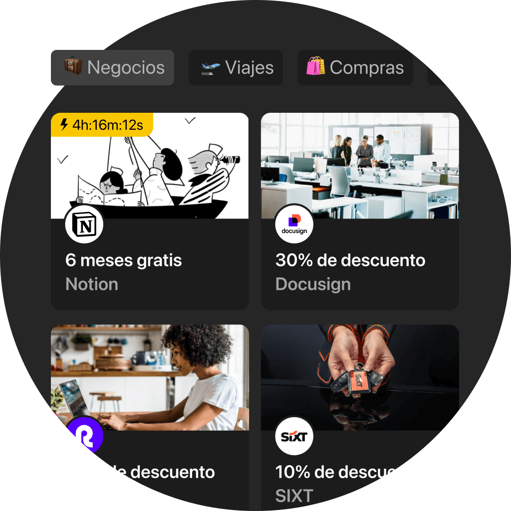 Una interfaz de menú circular que muestra varias categorías como "Artes y manualidades" y "Comida y bebida".