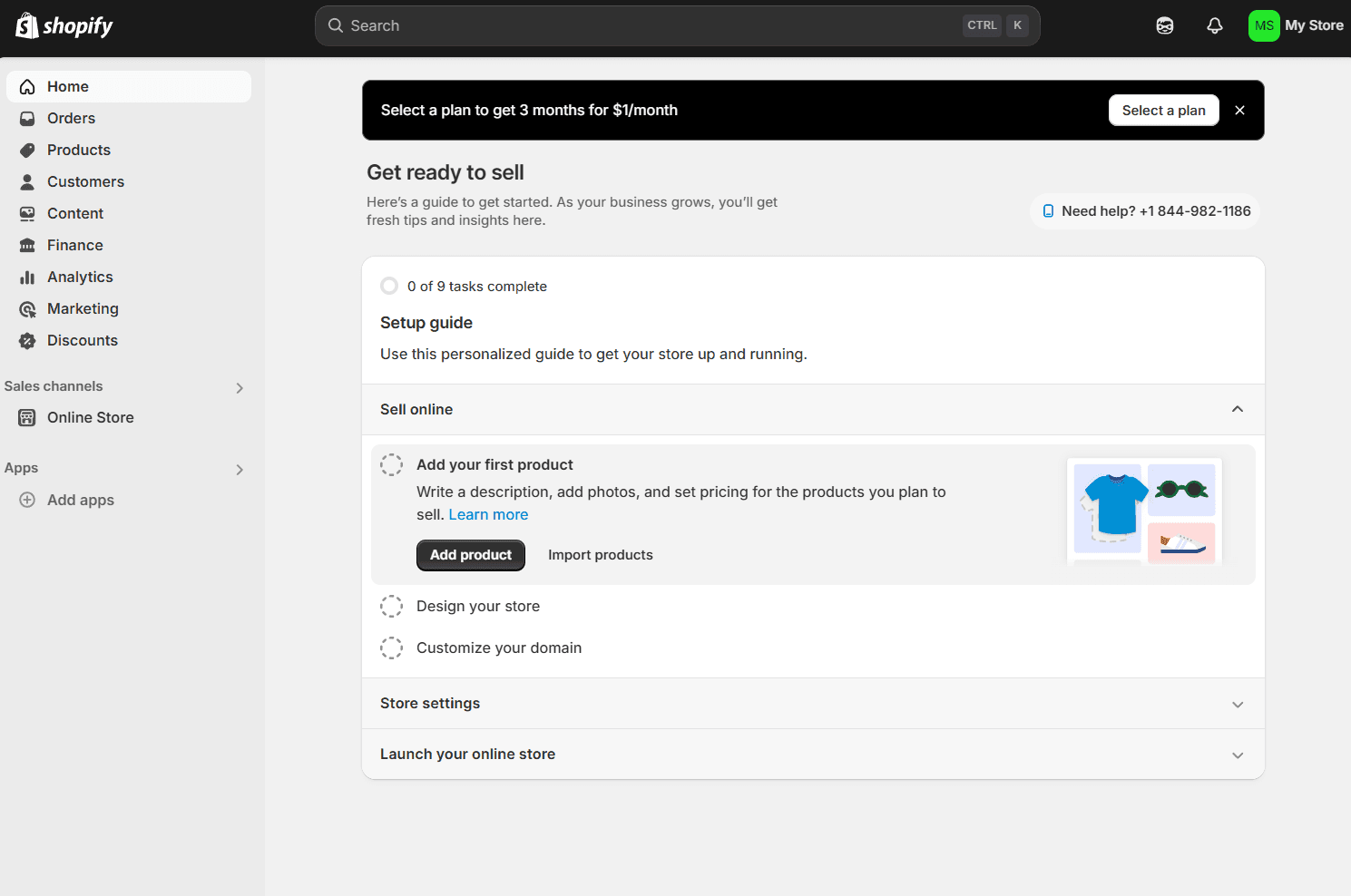 Shopify admin dashboard with setup guide for adding products, designing the store, and launching online.