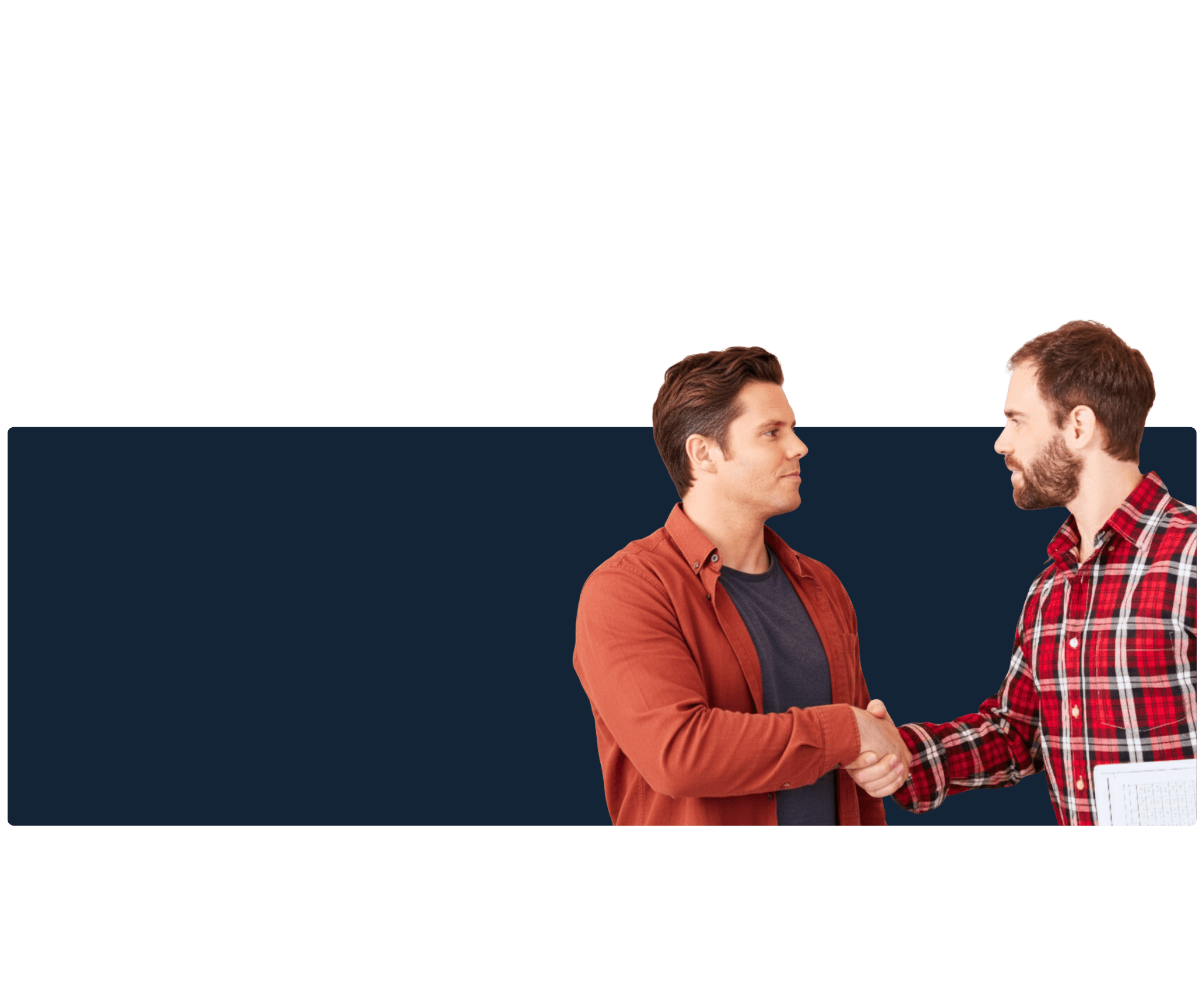 Blauer Hintergrund, rechts im Vordergrund ein Mann und ein Monteur geben sich die Hand