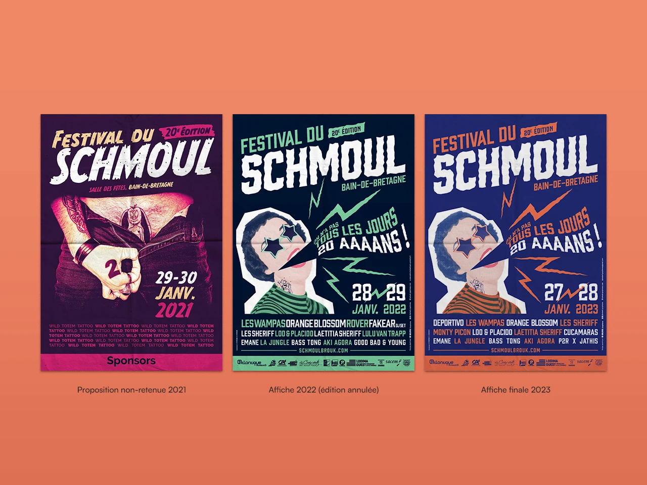 Comparatif des différentes propositions d'affiche pour la vingtième édition du Festival du Schmoul