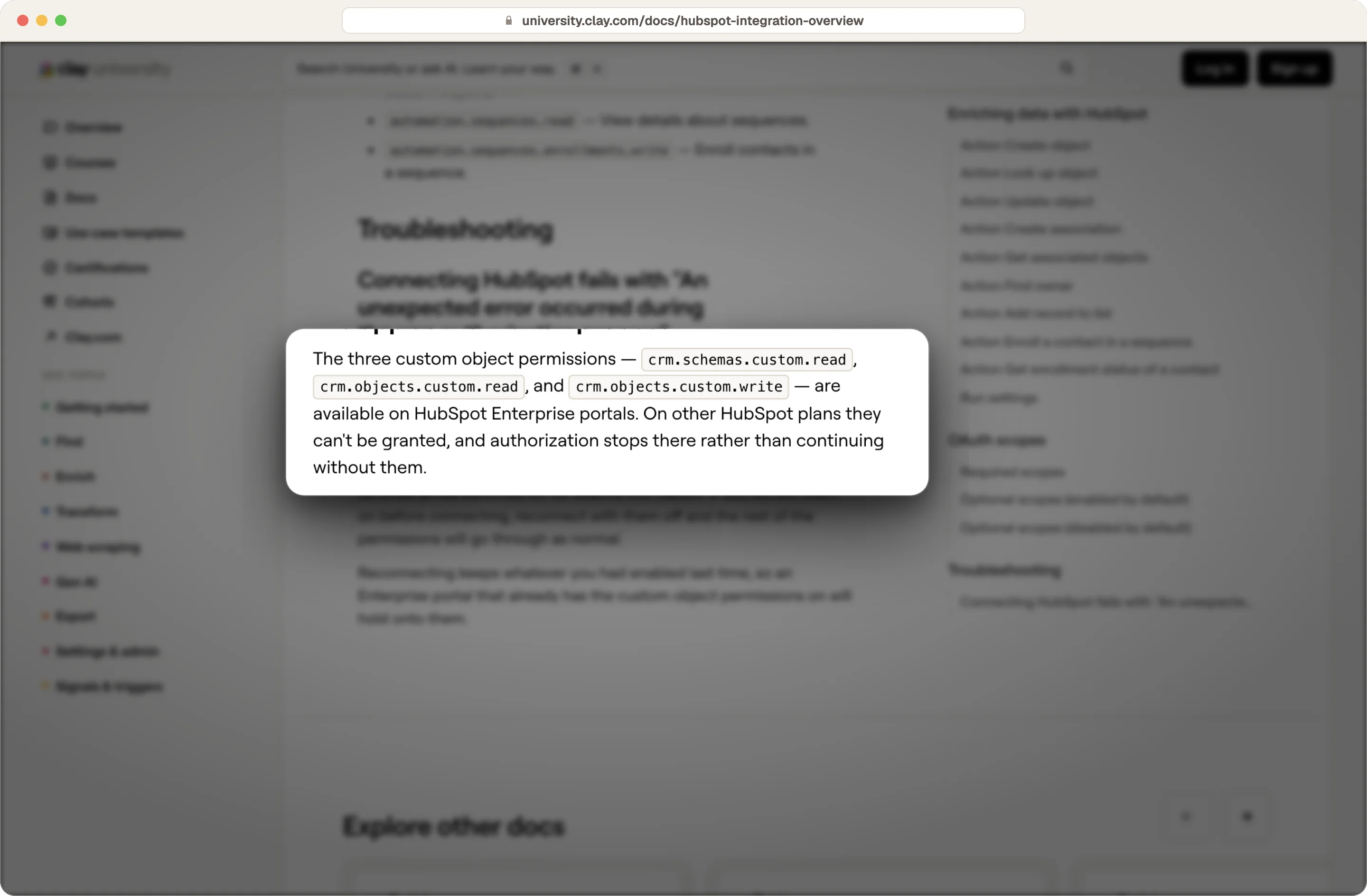 Clay documentation noting HubSpot custom object permissions need an Enterprise portal or the connection fails