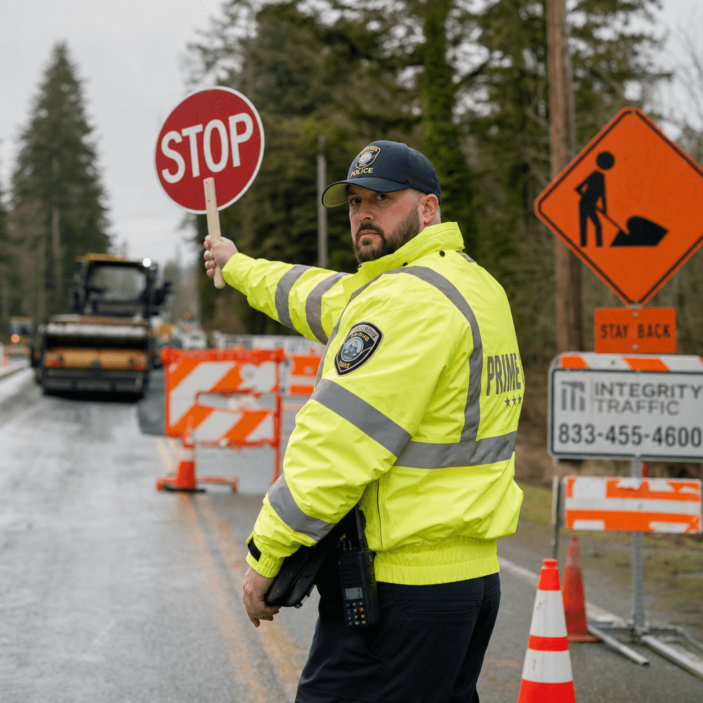 Officer holding a STOP paddle at a Washington traffic-control site