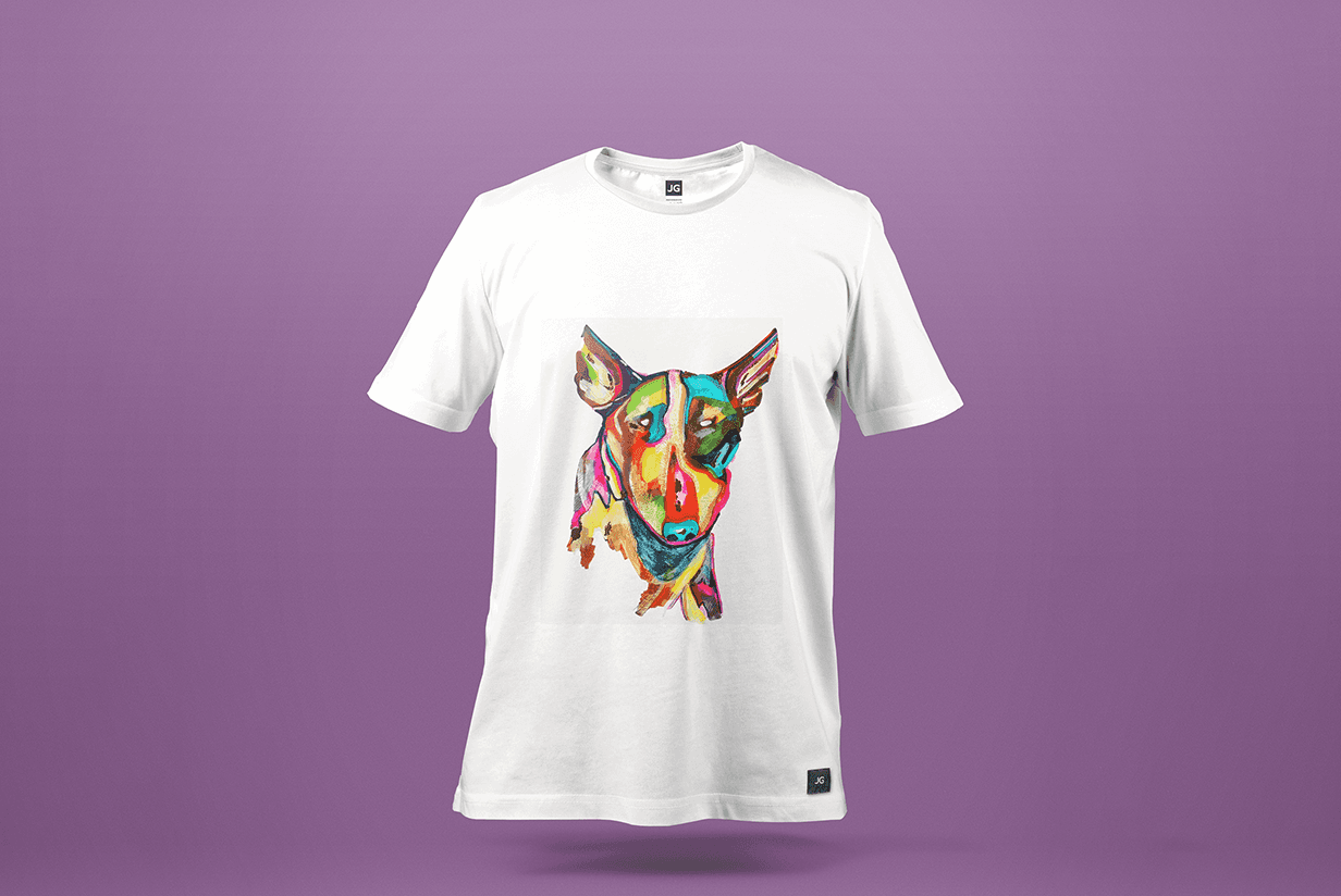 Dogs face on white shirt