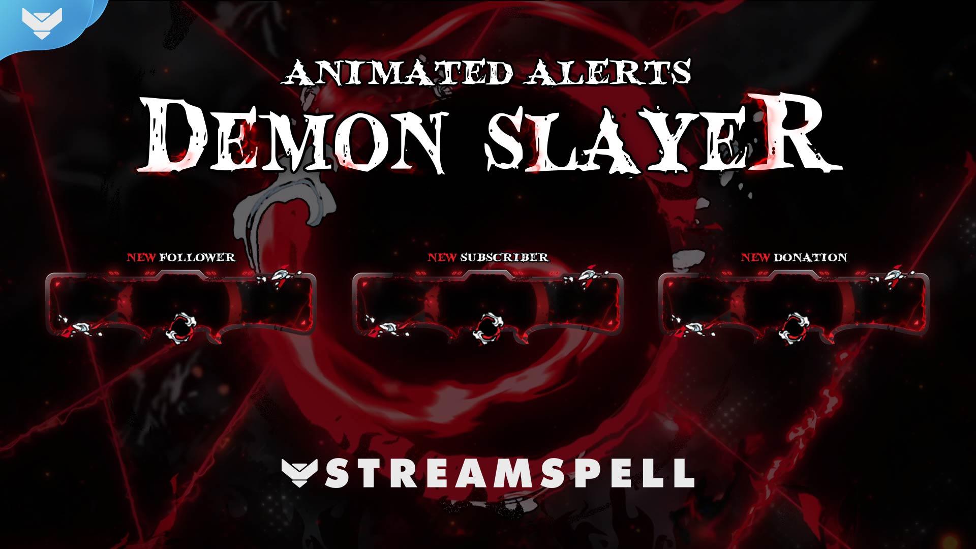 Demon Slayer animated stream alerts preview by StreamSpell — featuring bold red, black, and white overlays with sword slash effects inspired by the anime. Includes alerts for new follower, subscriber, and donation. Perfect for anime-themed Twitch streams. Compatible with OBS Studio and Streamlabs.