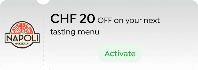 Napoli Pizzeria coupon showing CHF 20 off Monday PimPay purchase valid until July 23, 2025