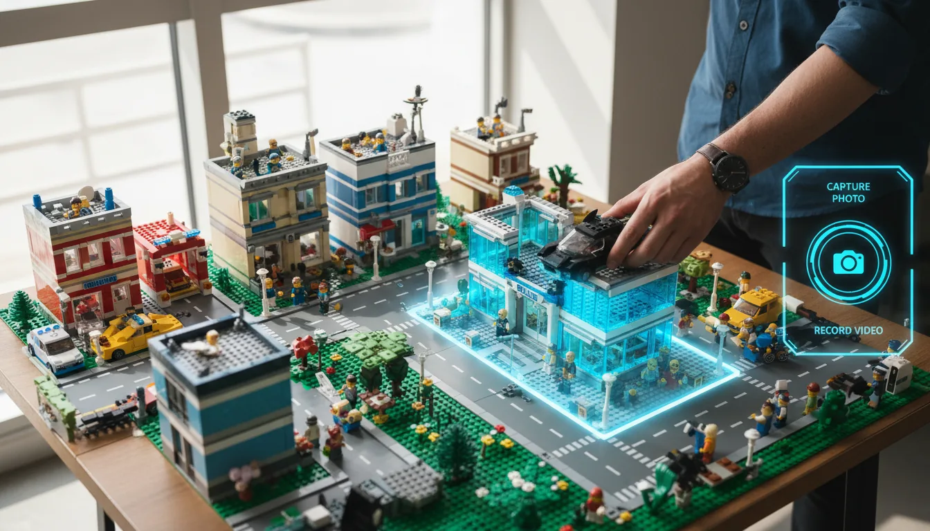 High-angle DSLR shot of an augmented reality app experience, a detailed LEGO city playset on a table with a person's hand placing a black LEGO Batmobile-style vehicle into the scene, a digitally generated 3D rendered LEGO police station is seamlessly overlaid onto the playset, integrating with physical LEGO buildings and minifigures, bright natural daylight, sharp focus with deep depth of field, showcasing the glossy plastic texture of the toys, a translucent futuristic UI with two large, glowing blue circular buttons with camera icons floats on the right side of the frame.