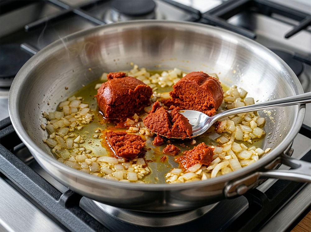 Fresh Porcellino Artisanal Meats 'nduja salami added to onions and garlic.