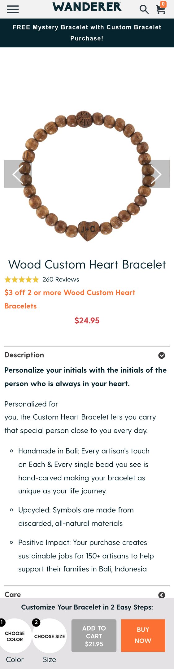 Jewelry product options include: bracelet for Wood Custom Heart Bracelet from Wanderer Bracelets.