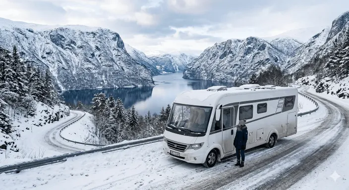 Autocaravana integral averiada en una carretera de montaña en Noruega esperando asistencia internacional.