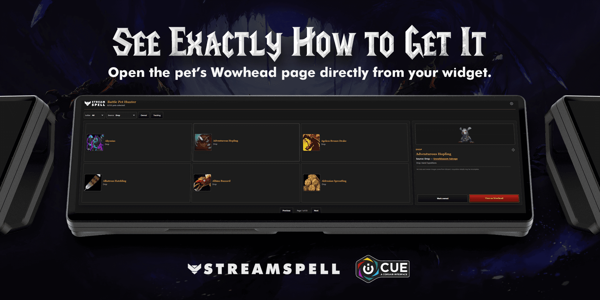 Open World of Warcraft pet acquisition guides from Battle Pet Hunter iCUE Widget