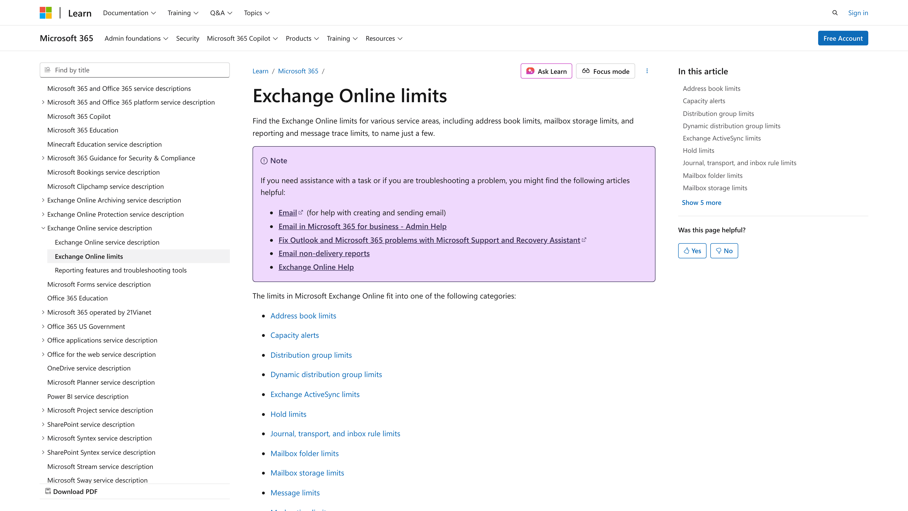 Microsoft Exchange Online sending limits documentation with 10,000 daily recipients and TERRL formula